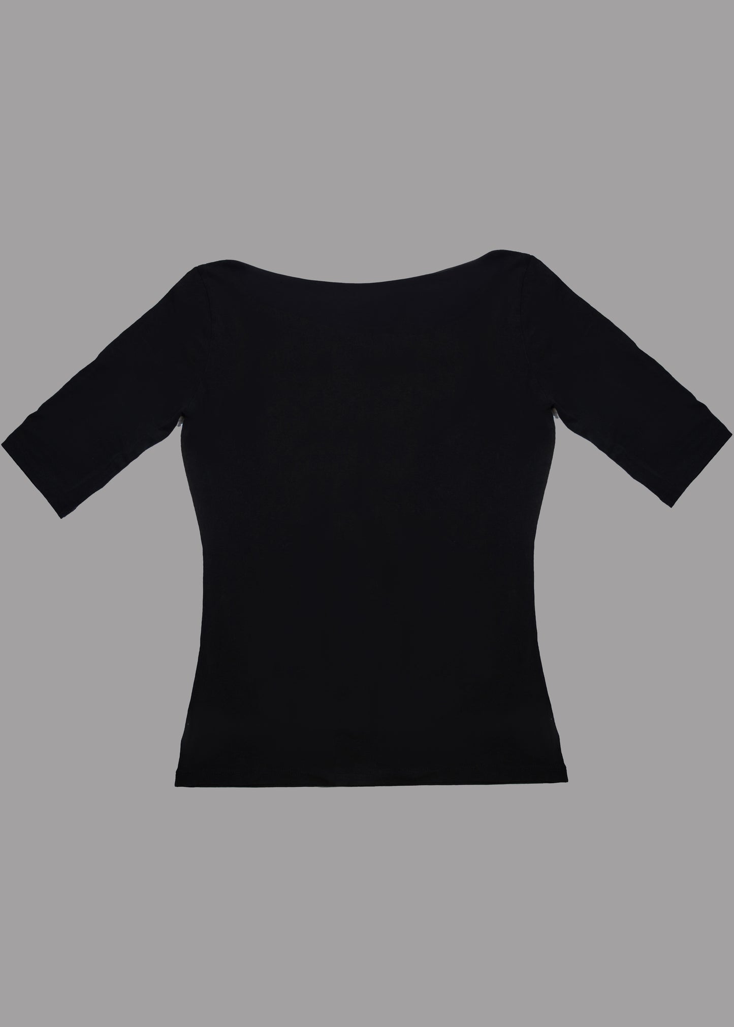 Women black cotton t-shirt with 3/4 sleeves and crystal boat neckline