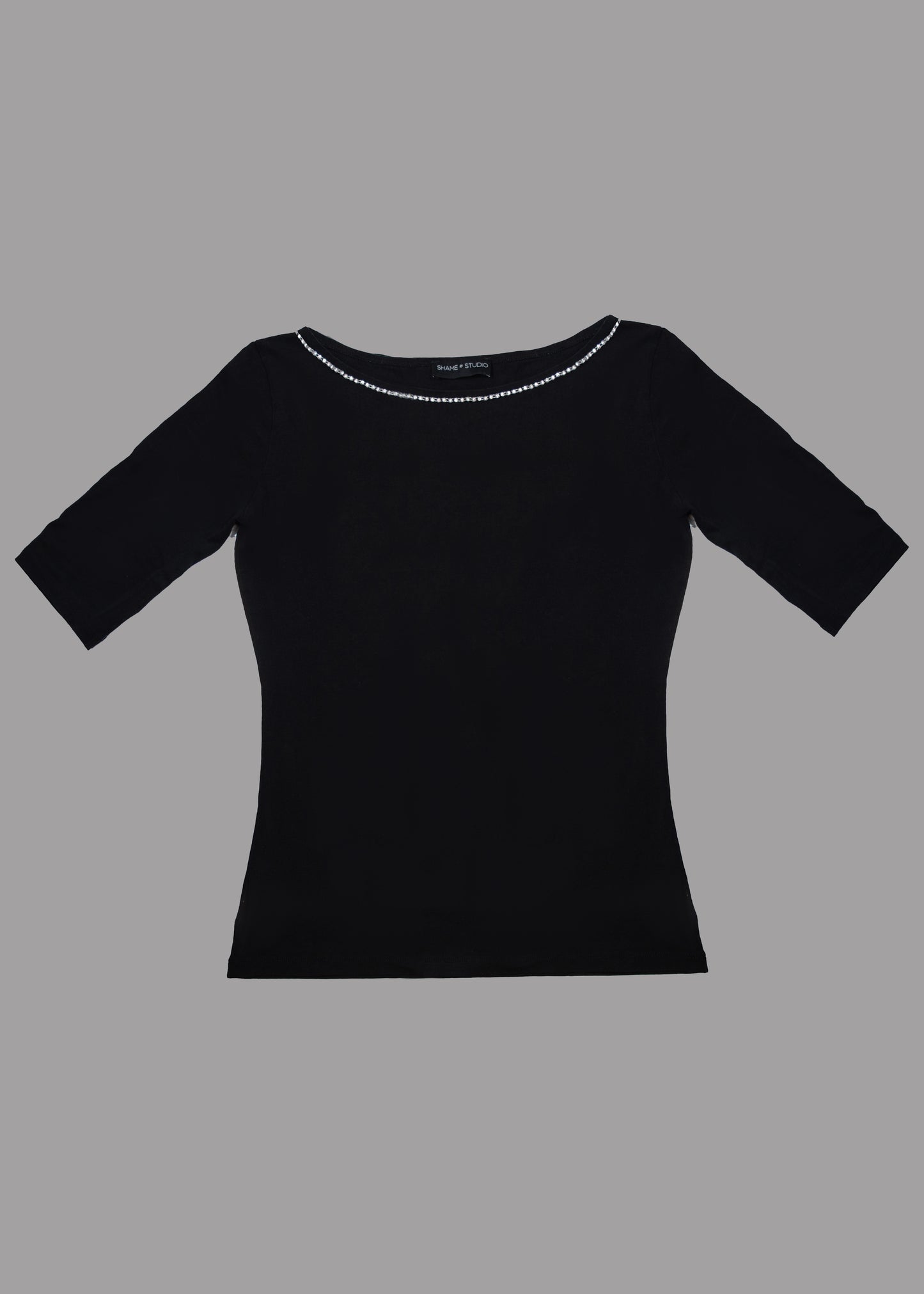 Women black cotton t-shirt with 3/4 sleeves and crystal boat neckline