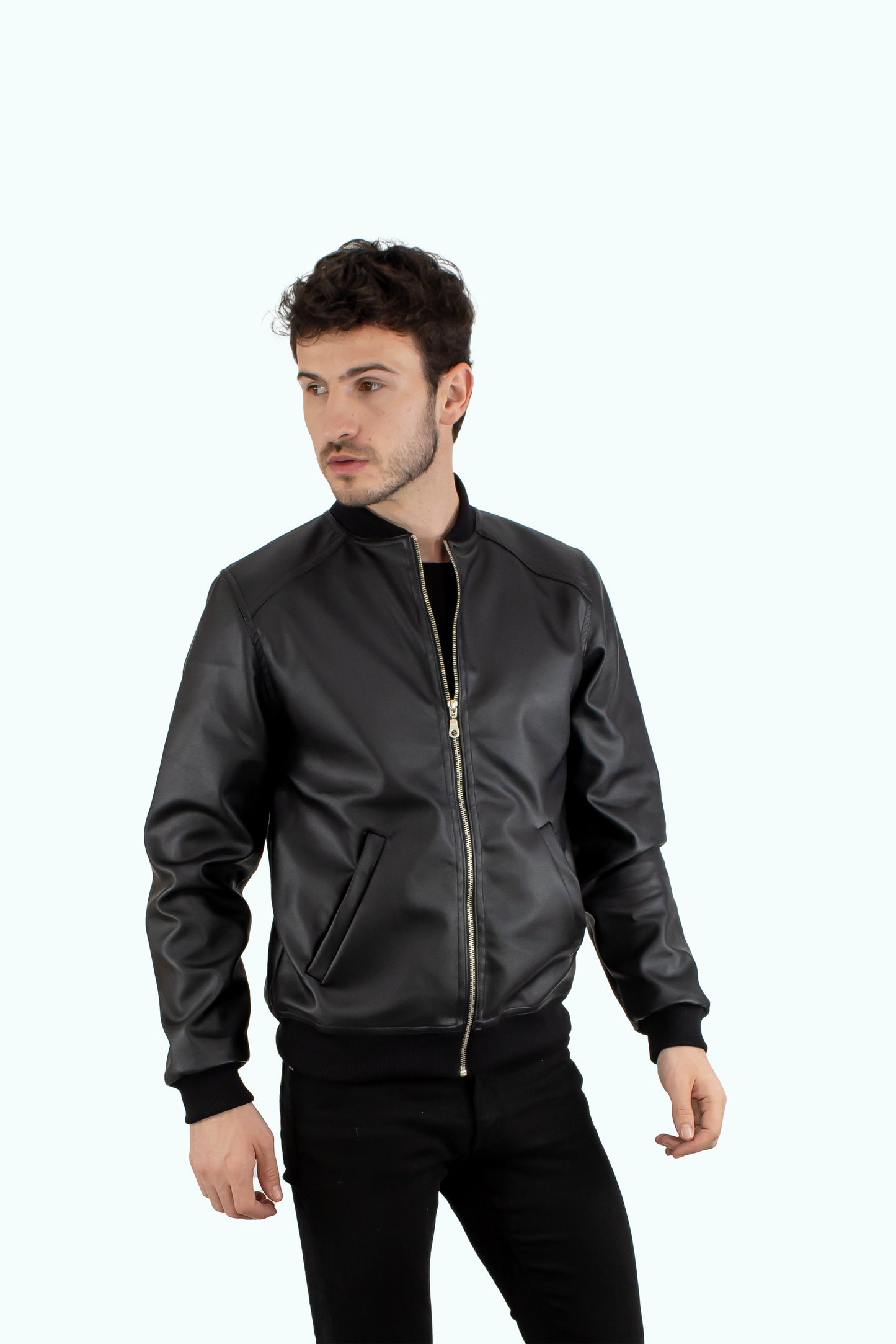 Men black leather bomber jacket