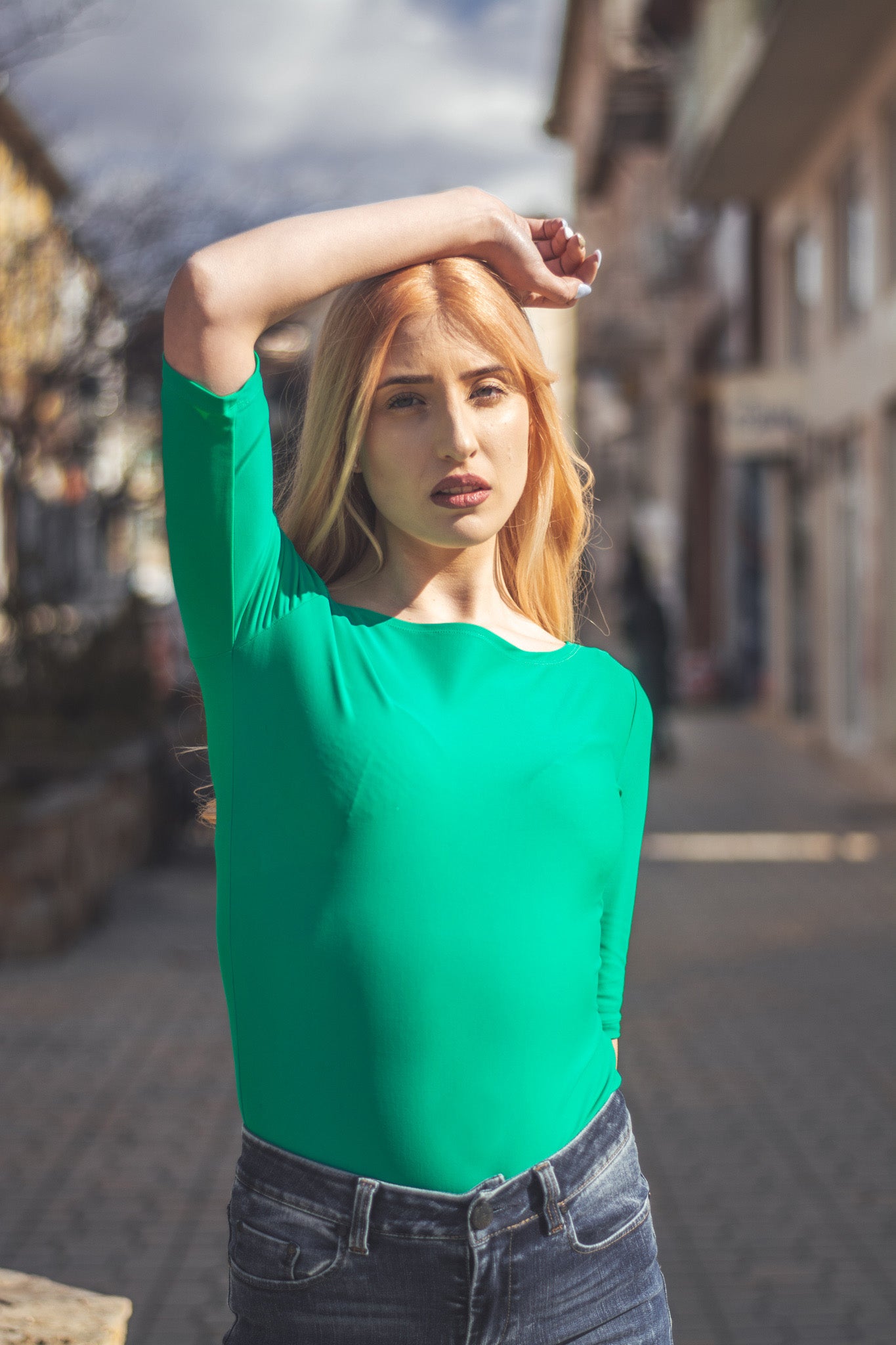 Women green boat neck t-shirt 3/4 sleeves