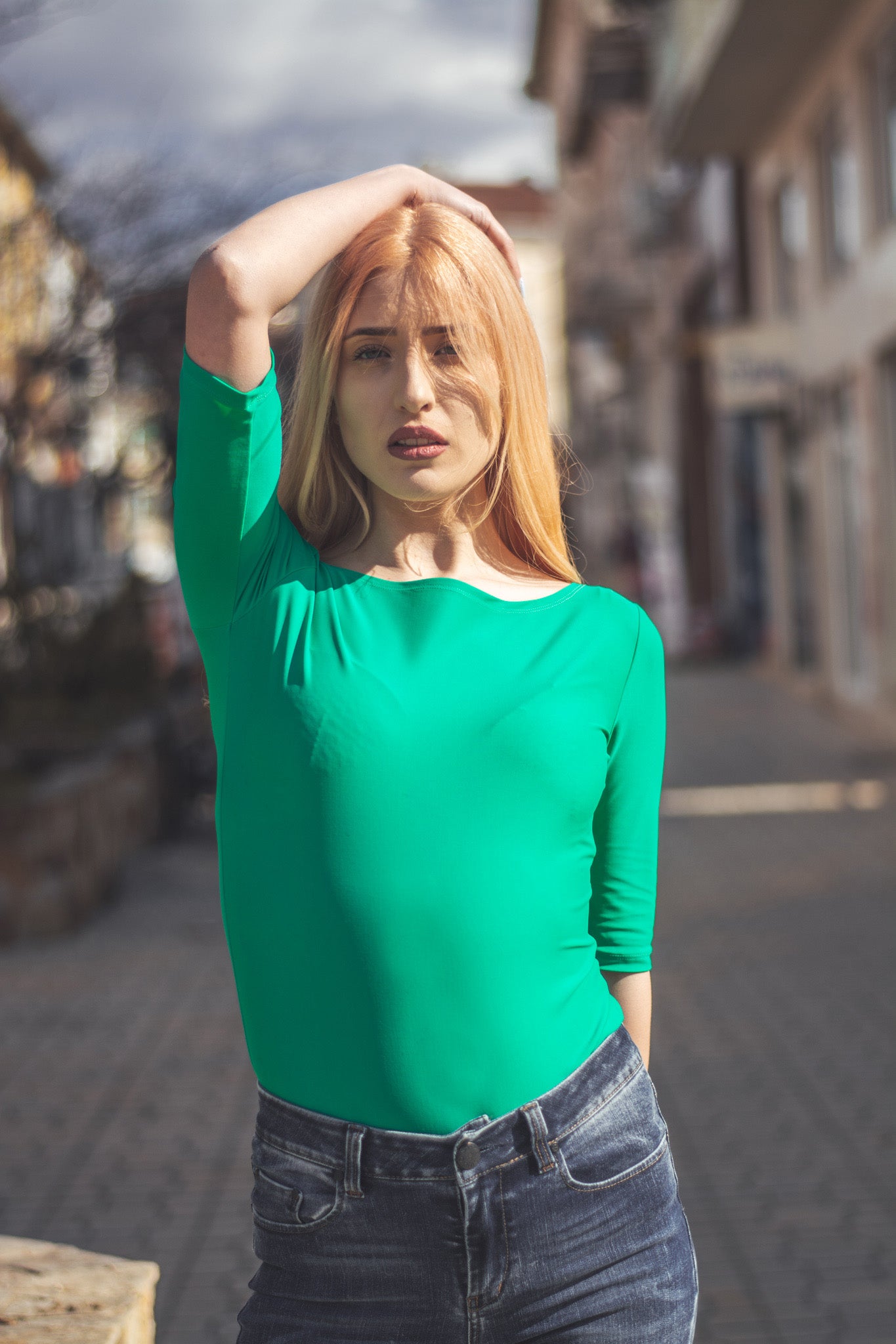 Women green boat neck t-shirt 3/4 sleeves