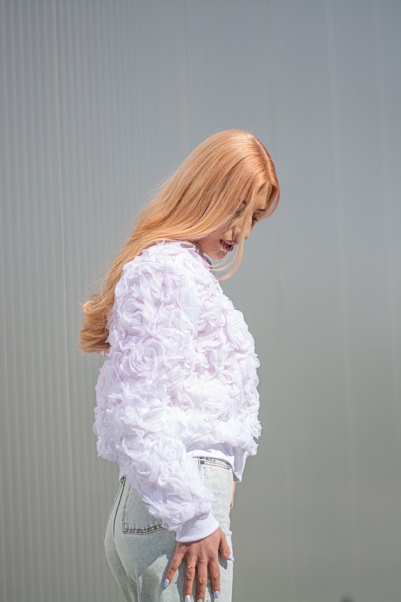 Bomber blanc femme fleurs 3D