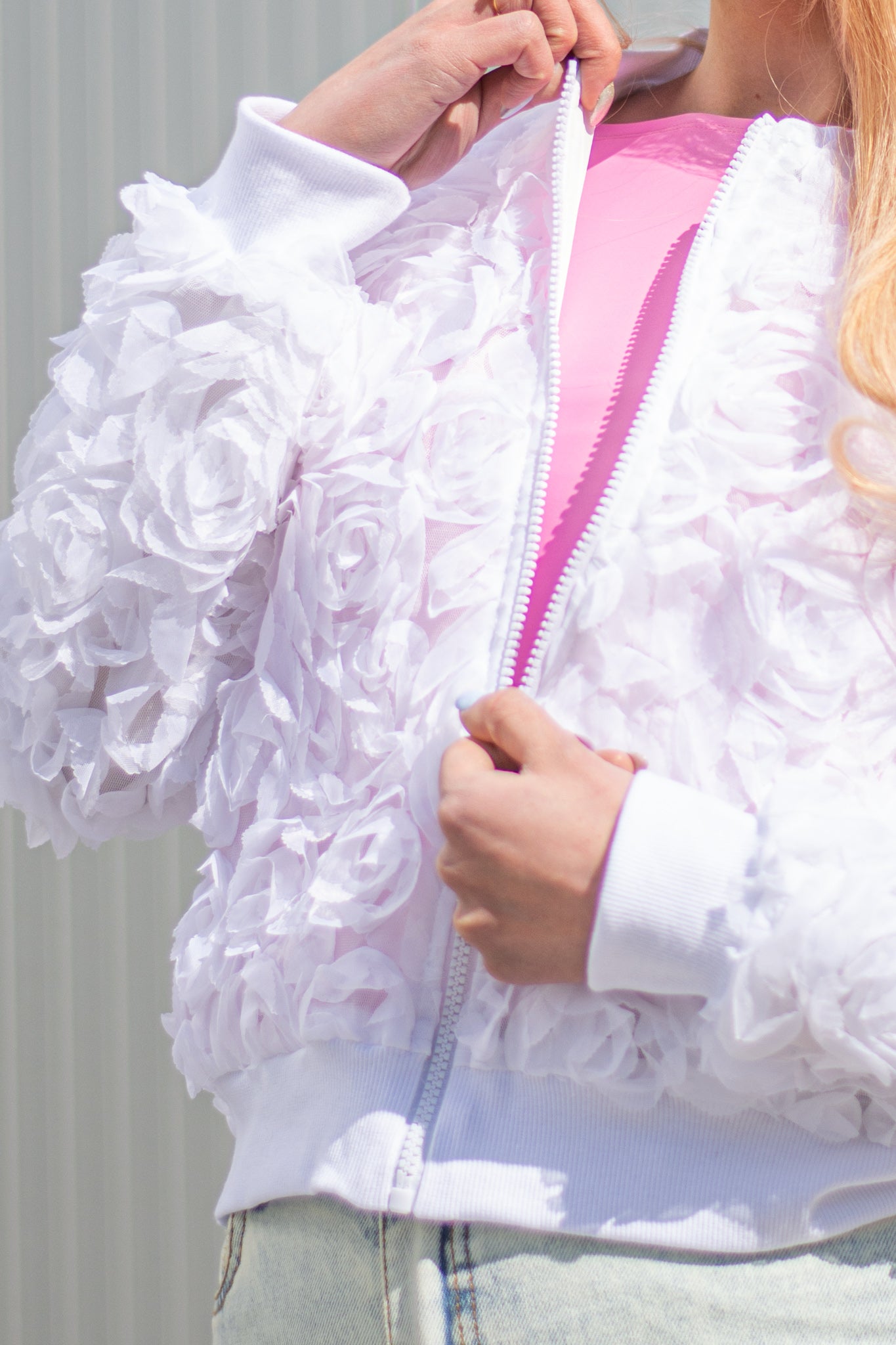 Bomber blanc femme fleurs 3D