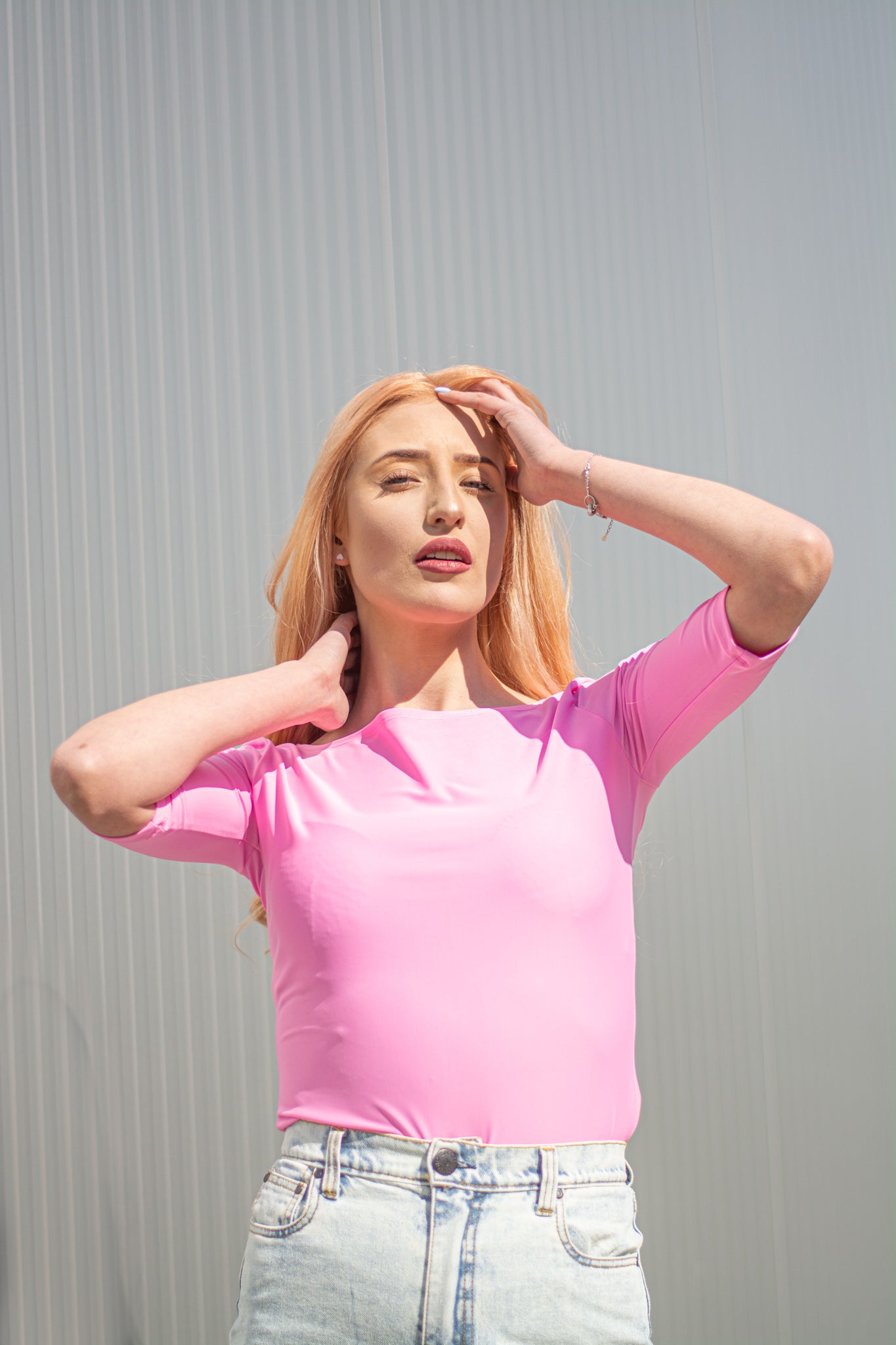 Women pink boat neck t-shirt 3/4 sleeves
