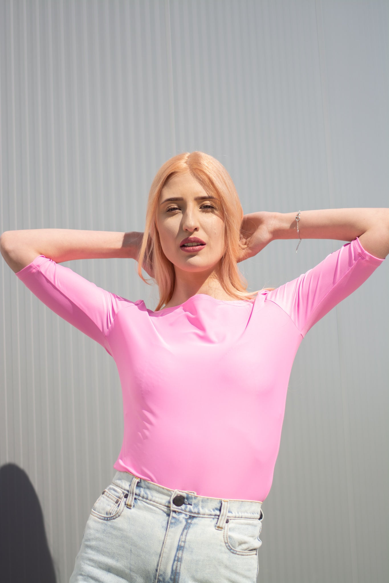 Women pink boat neck t-shirt 3/4 sleeves