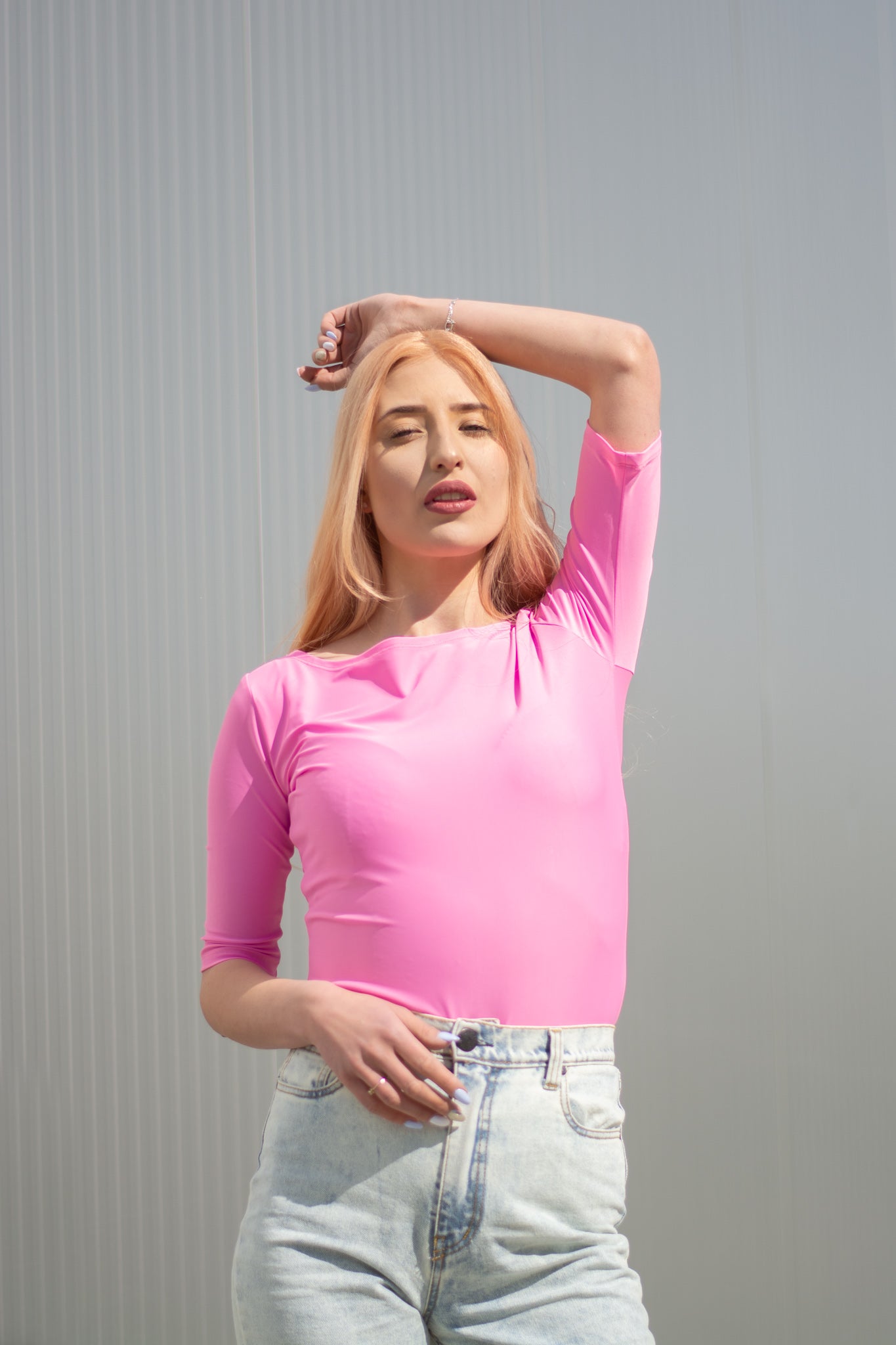 Women pink boat neck t-shirt 3/4 sleeves