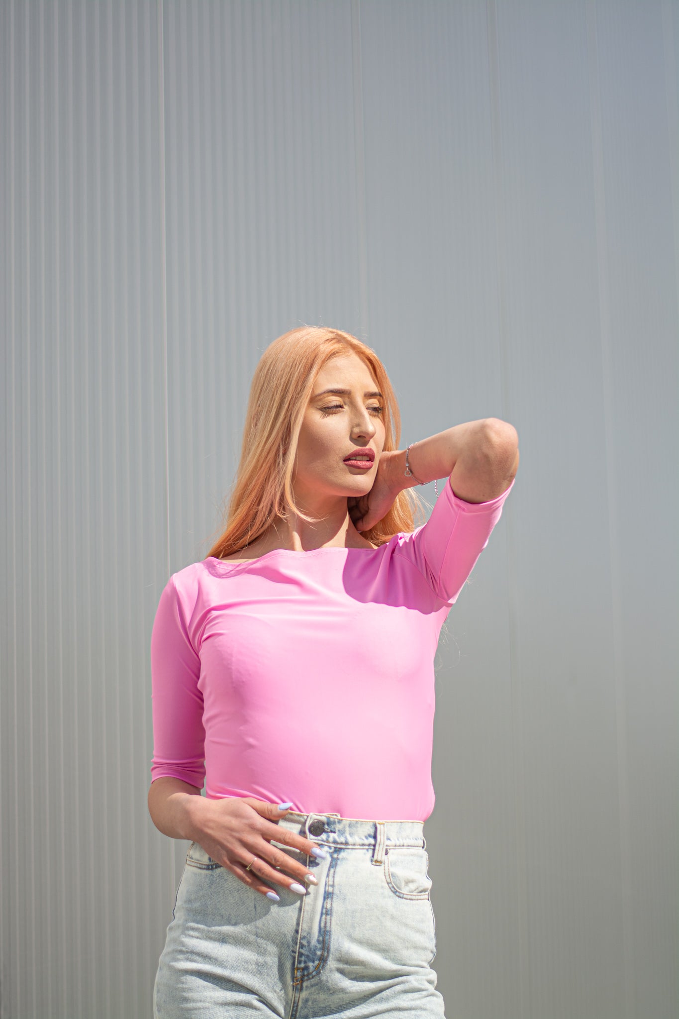 Women pink boat neck t-shirt 3/4 sleeves