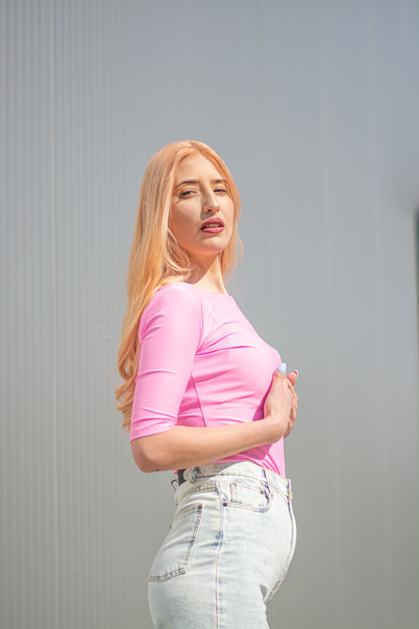 Women pink boat neck t-shirt 3/4 sleeves