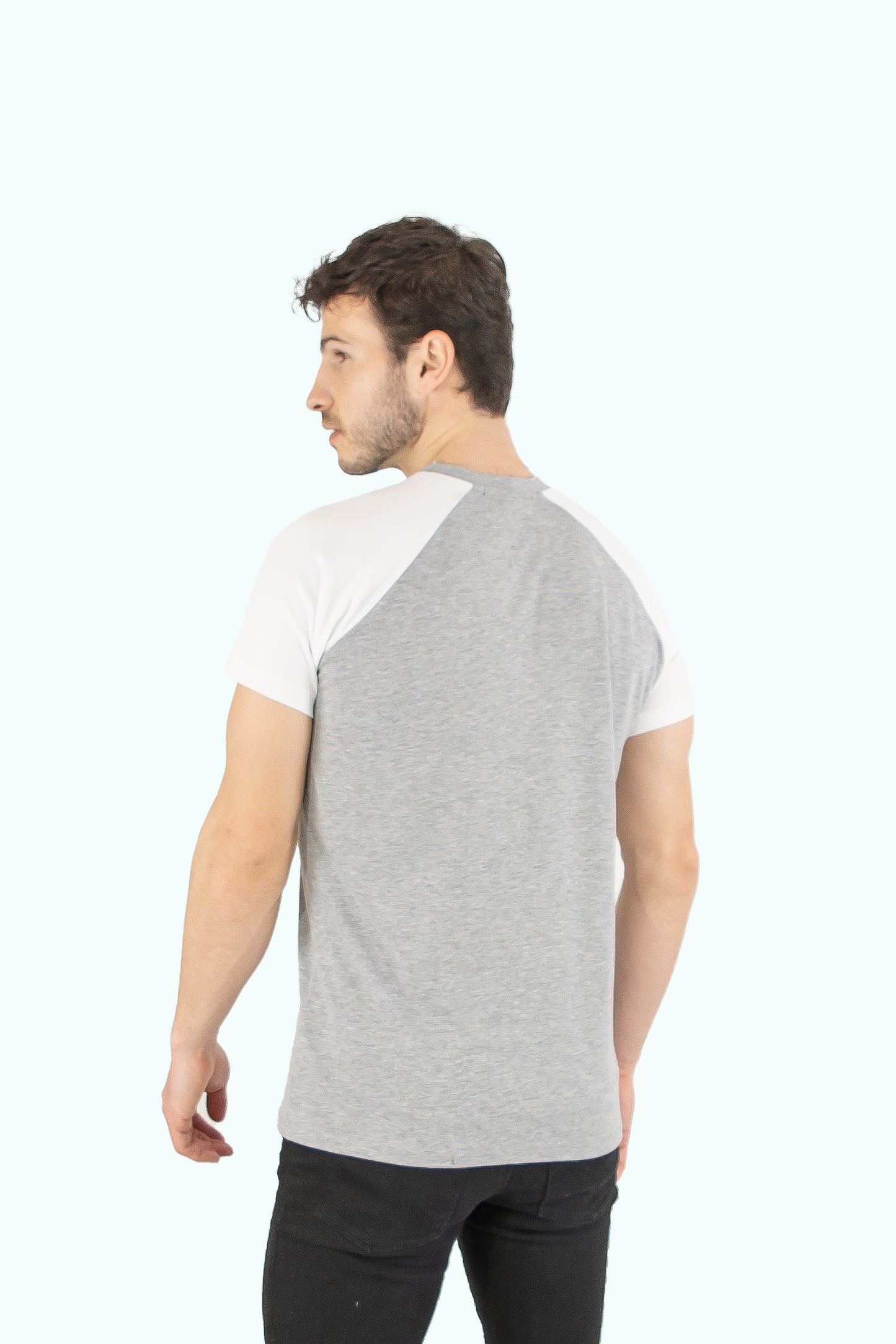 Men grey cotton t-shirt white short sleeve type raglan