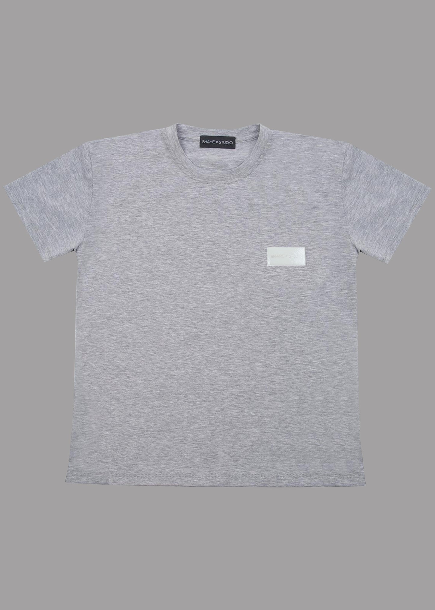 Men grey cotton t-shirt with white logo badge