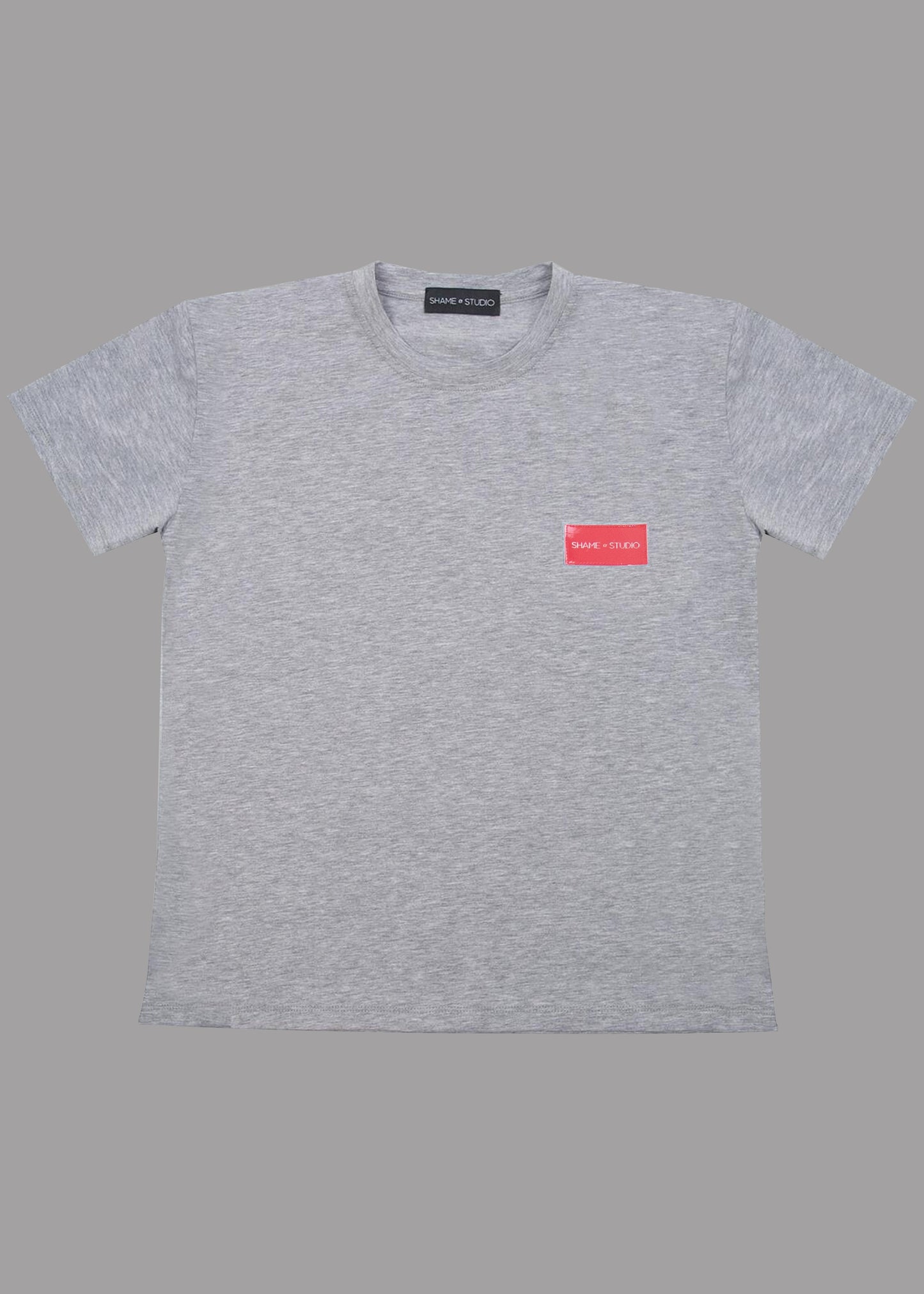 Men grey cotton t-shirt with red logo badge