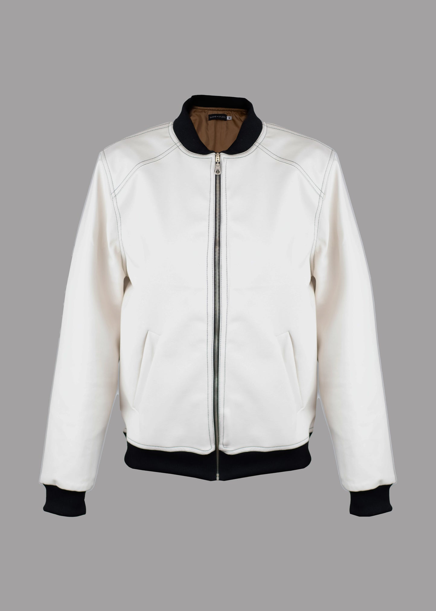 Men white/ecru leather bomber jacket