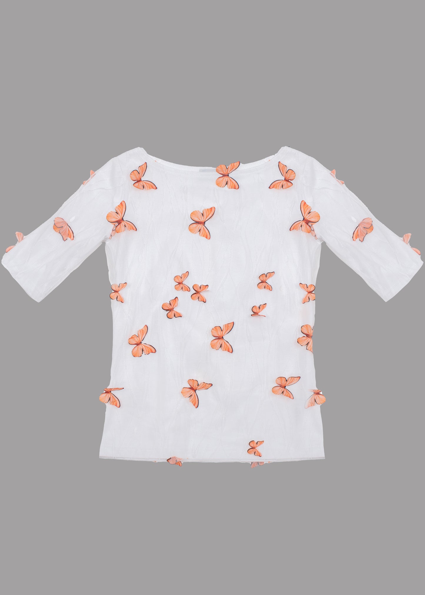 Women white boat neck t-shirt with 3D butterflies 3/4 sleeves