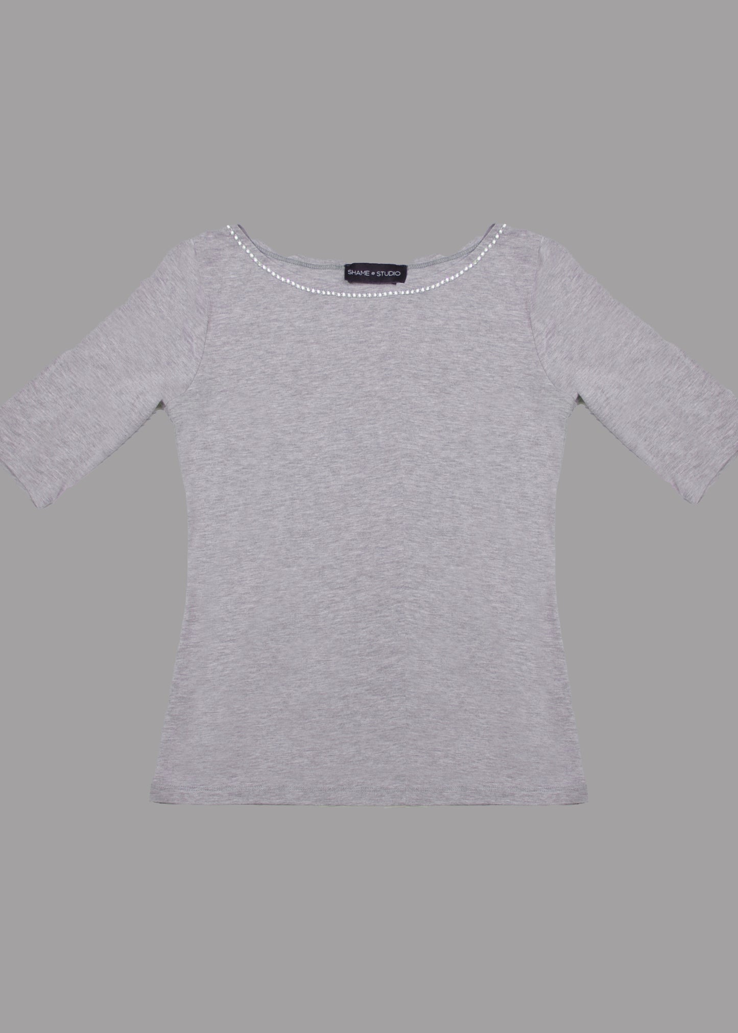 Women grey cotton t-shirt with 3/4 sleeve and crystal boat neckline