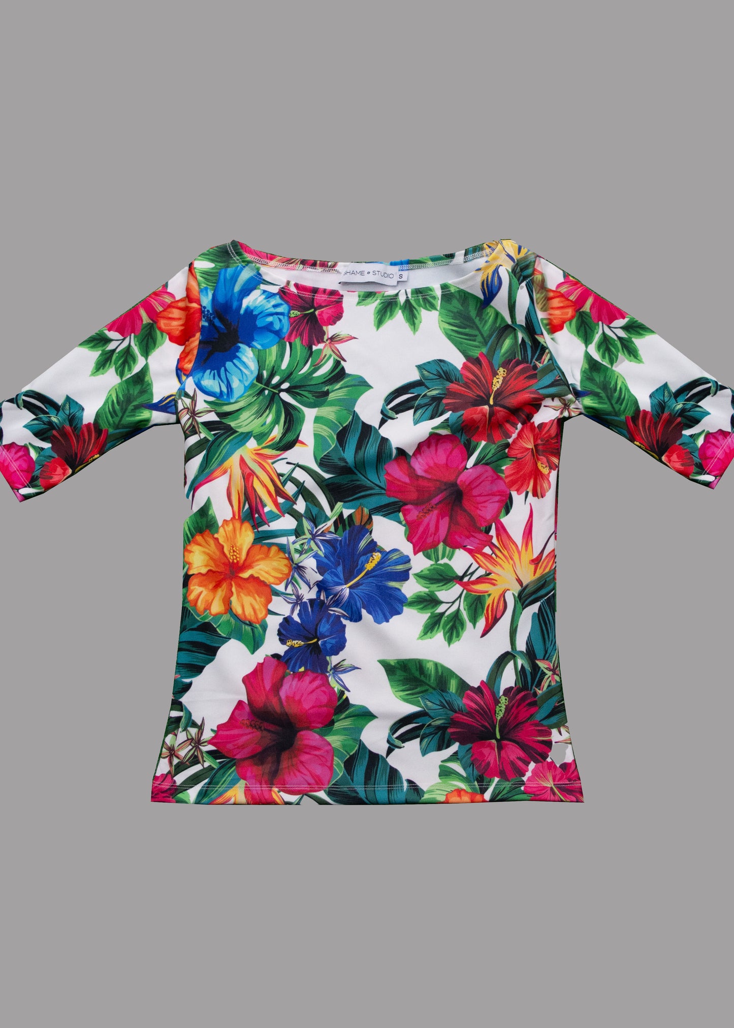 Women flowers boat neck t-shirt 3/4 sleeves