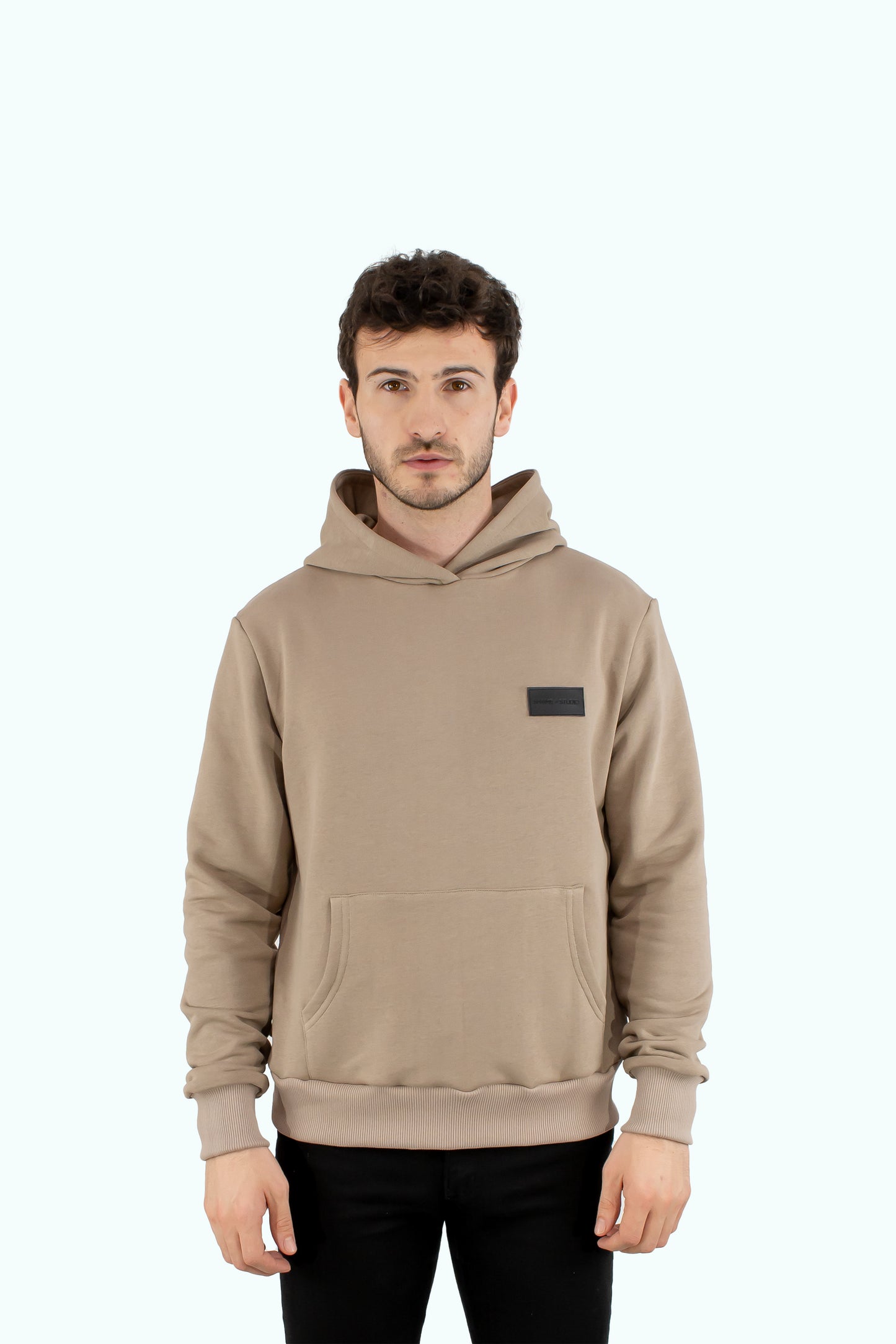 Men beige hoodie with black logo badge