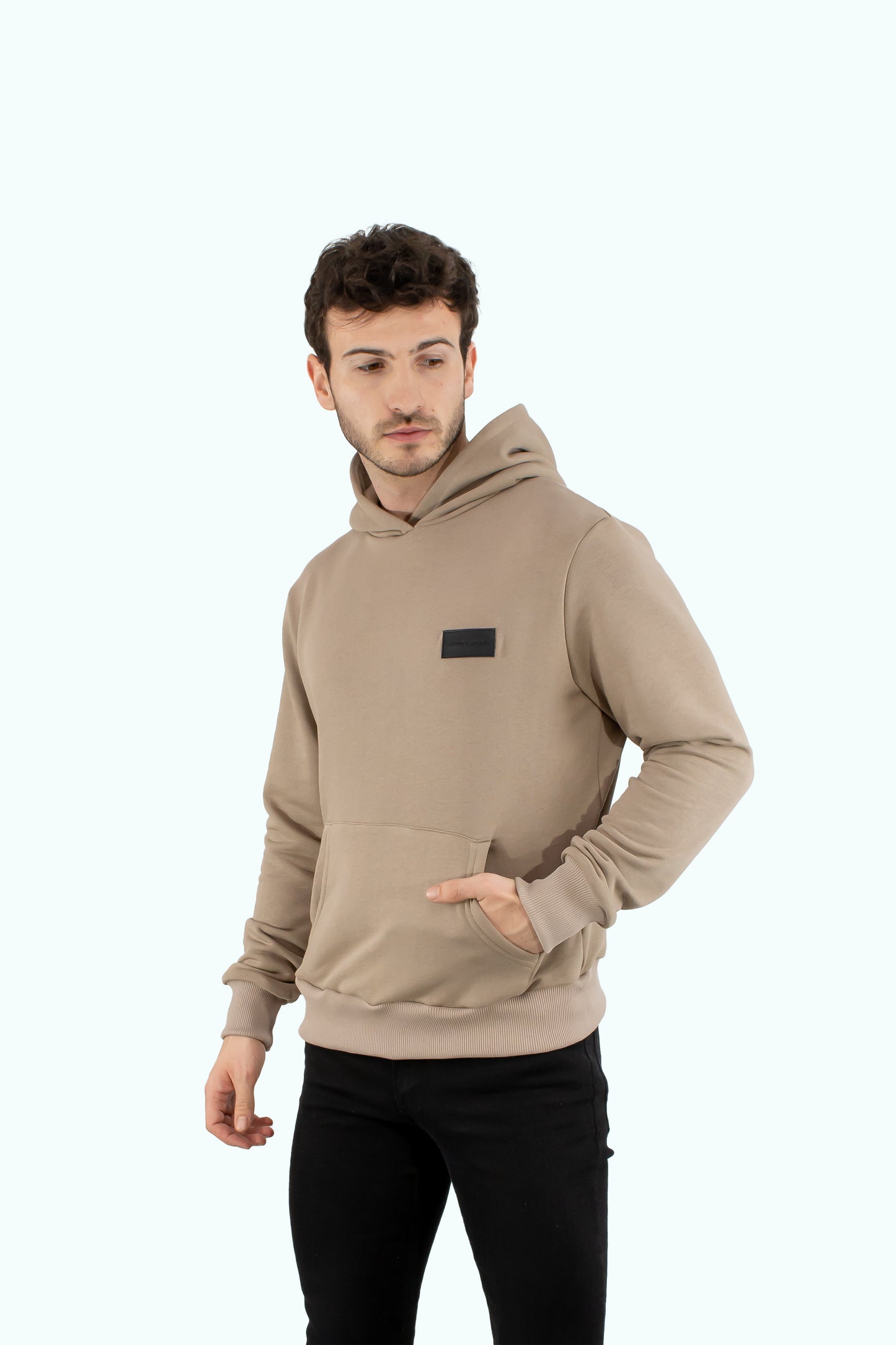 Men beige hoodie with black logo badge