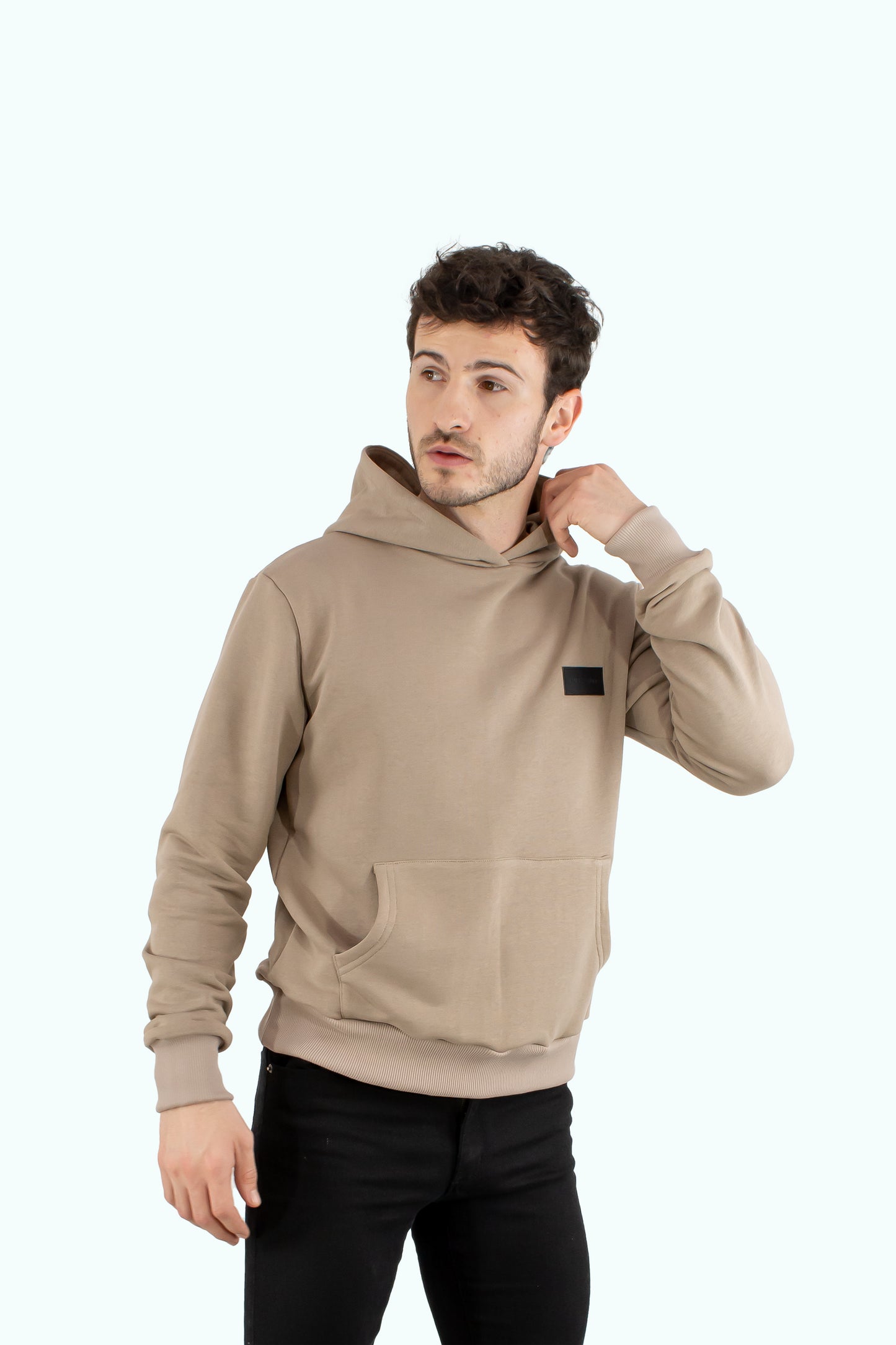 Men beige hoodie with black logo badge