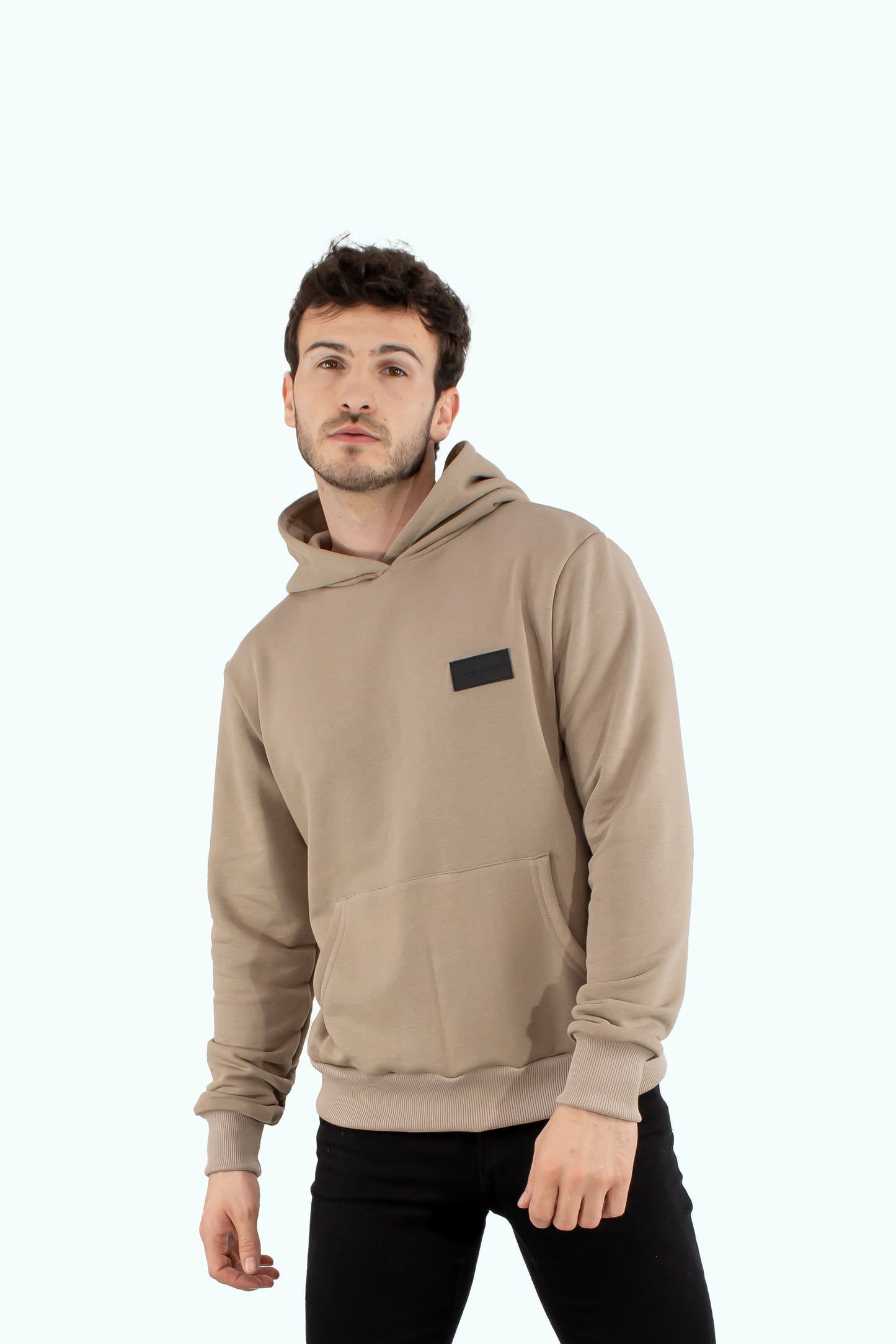 Men beige hoodie with black logo badge