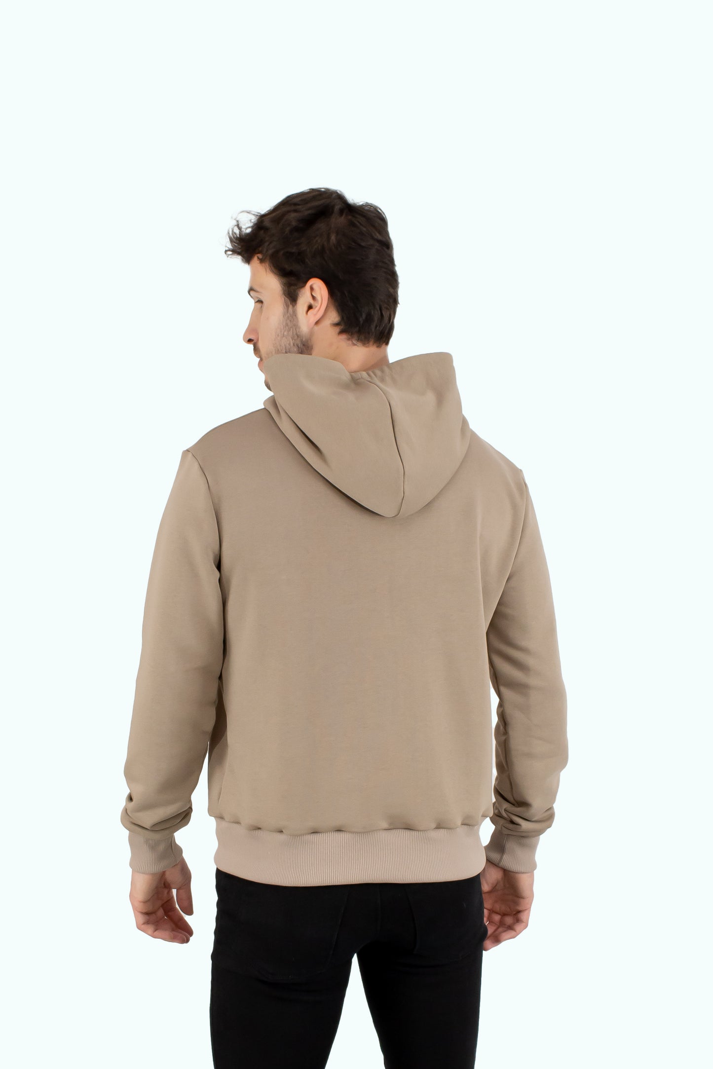 Men beige hoodie with black logo badge