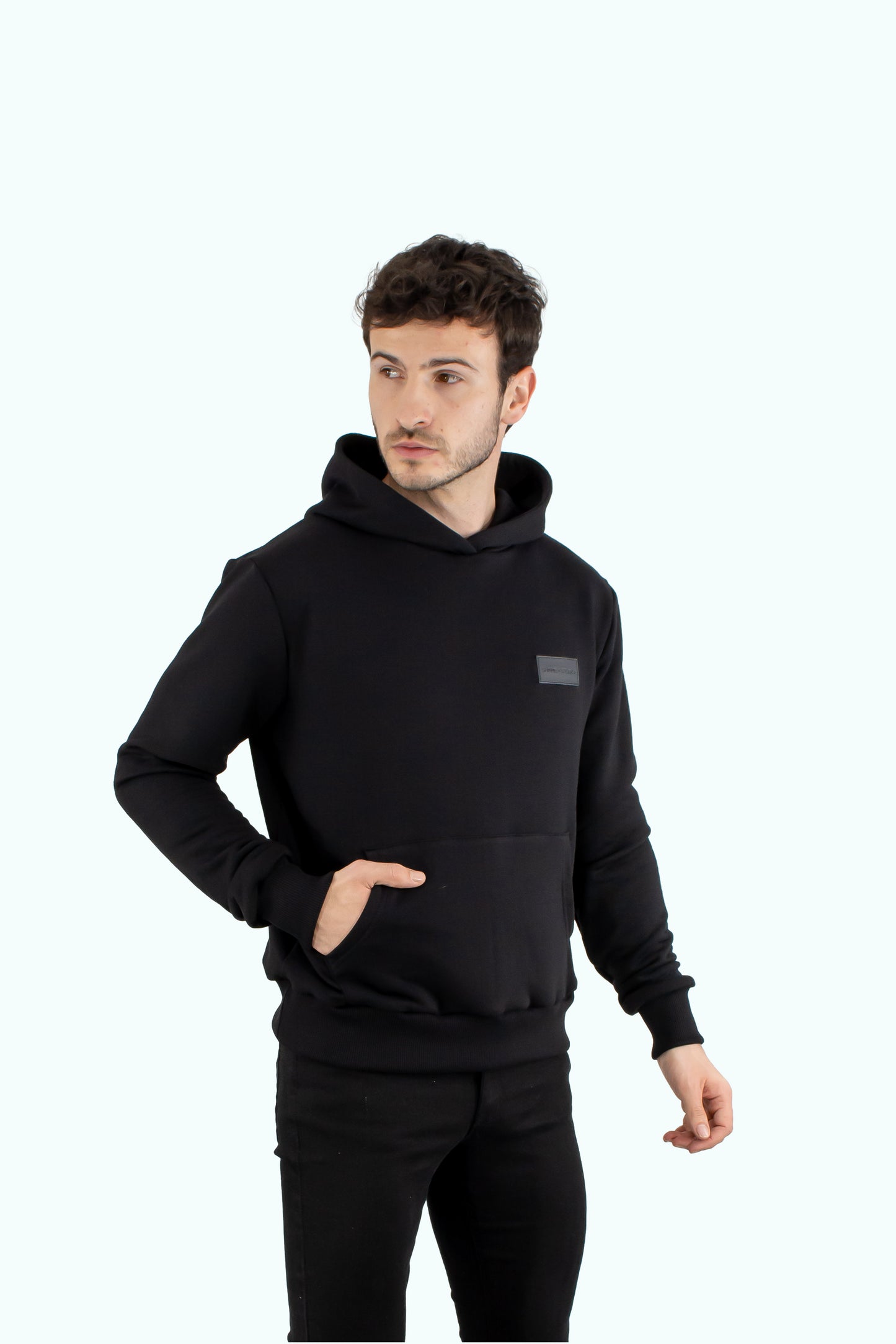 Men black hoodie with black logo badge