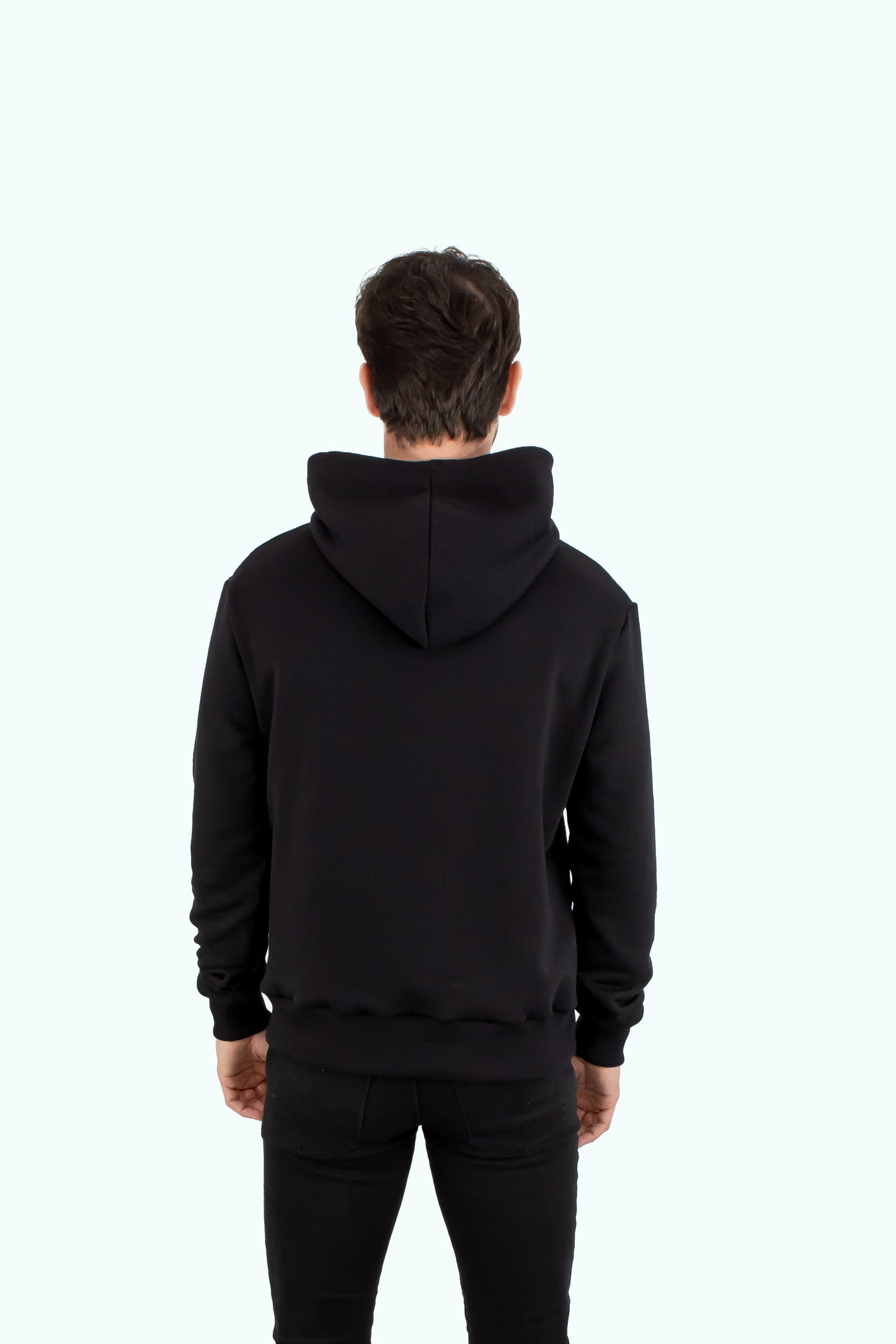 Men black hoodie with black logo badge