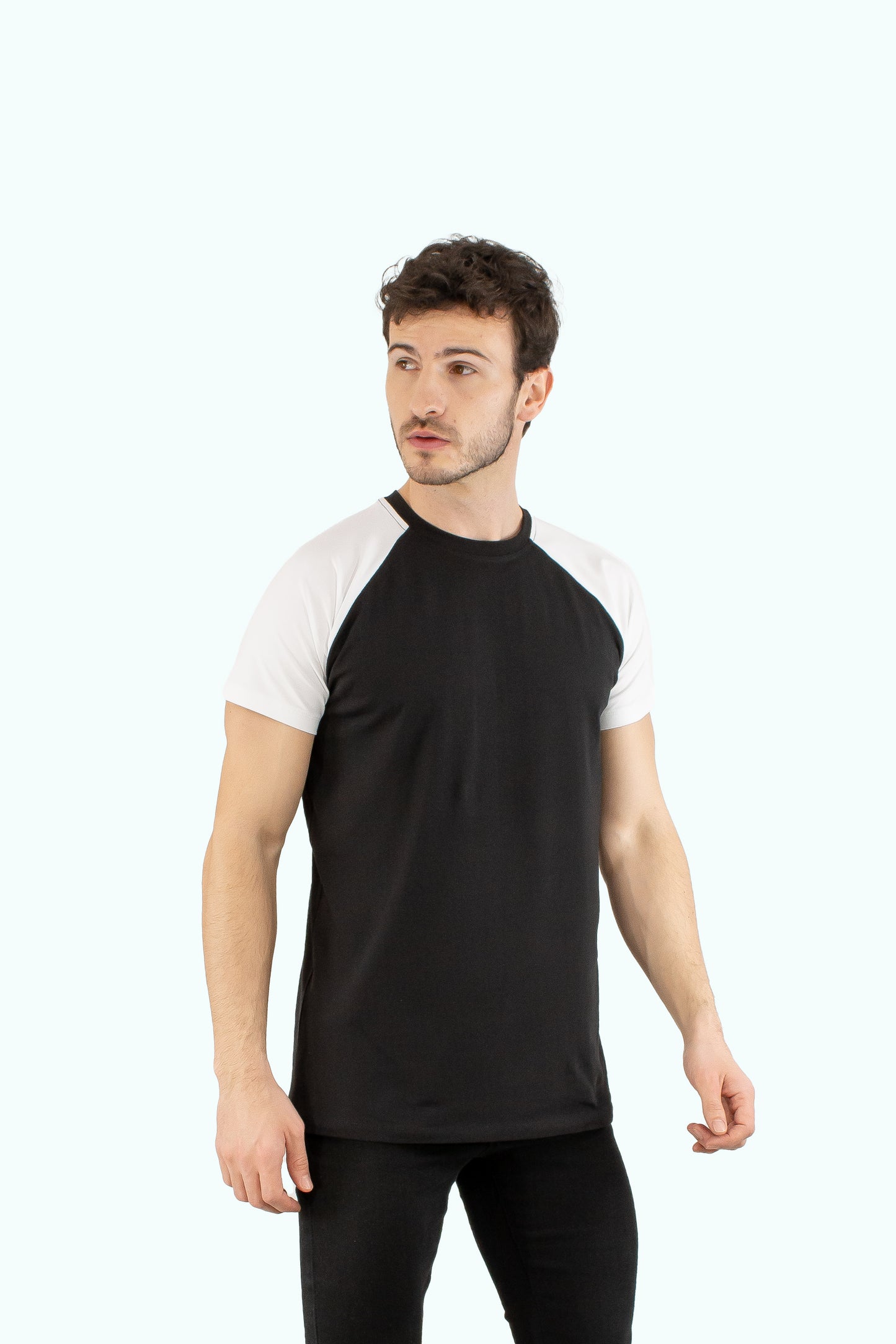 Men black cotton t-shirt white short sleeve type raglan