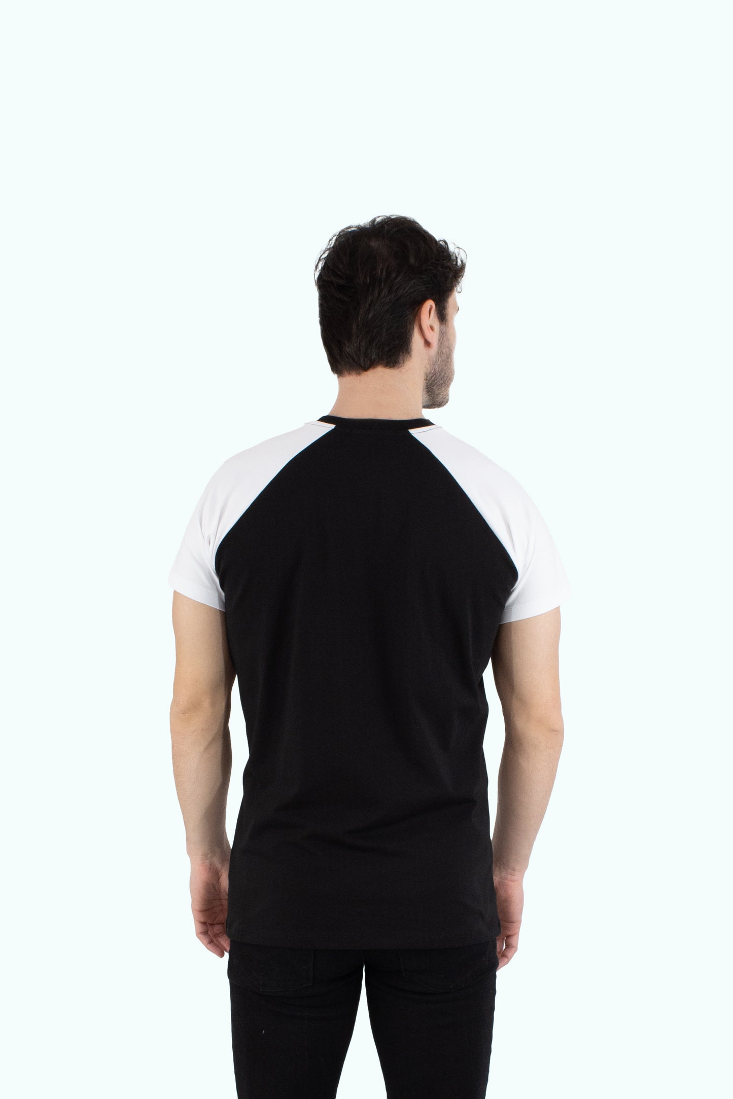 Men black cotton t-shirt white short sleeve type raglan