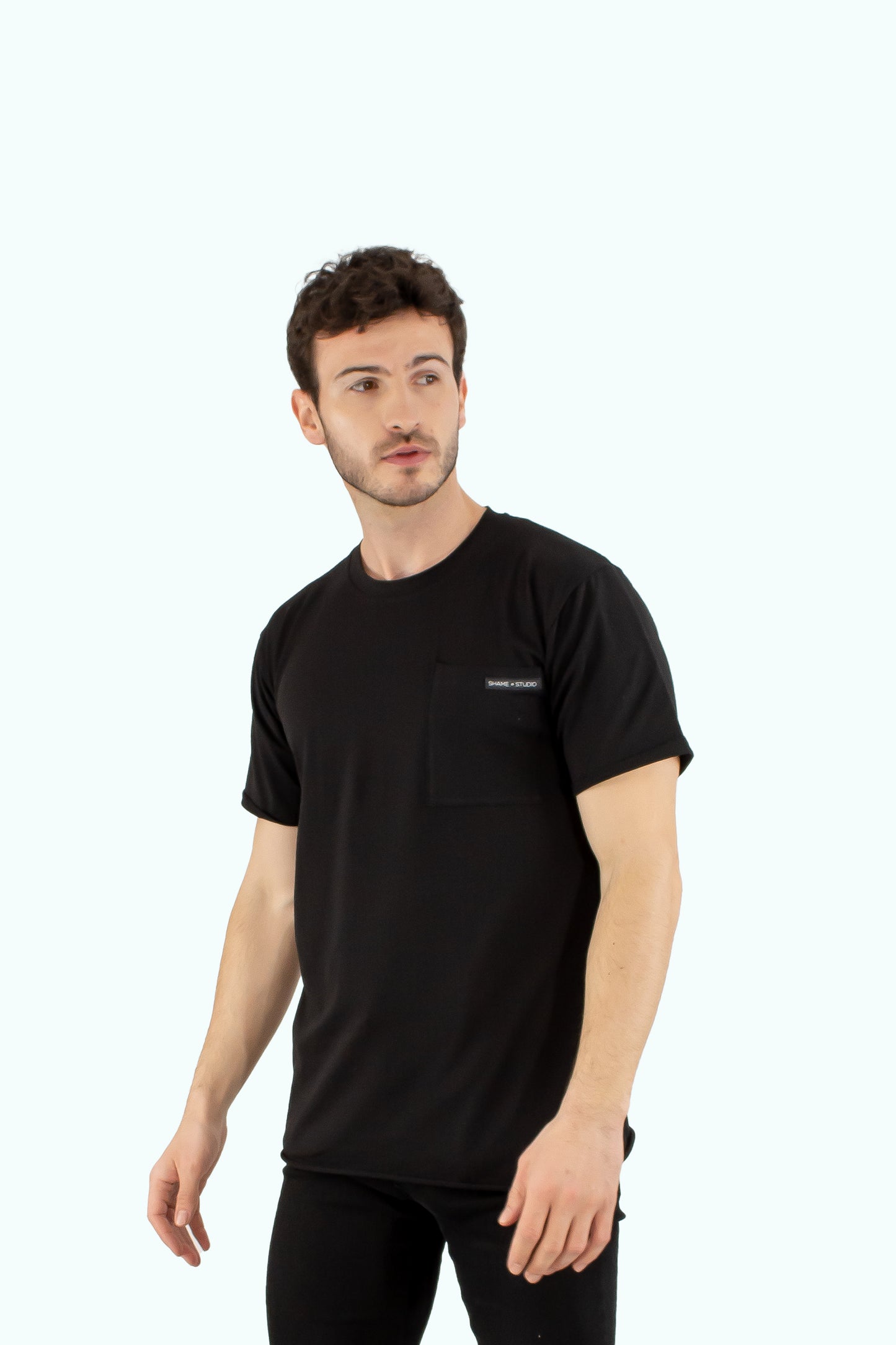 Men black cotton t-shirt with short sleeve and front pocket