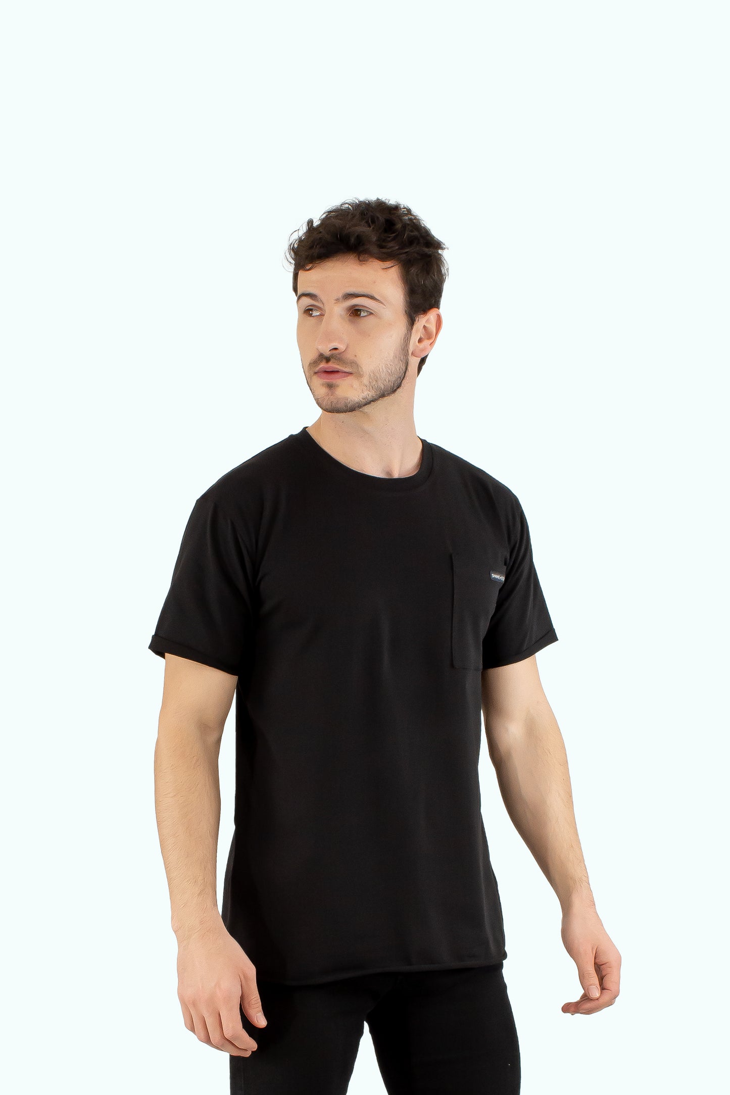 Men black cotton t-shirt with short sleeve and front pocket