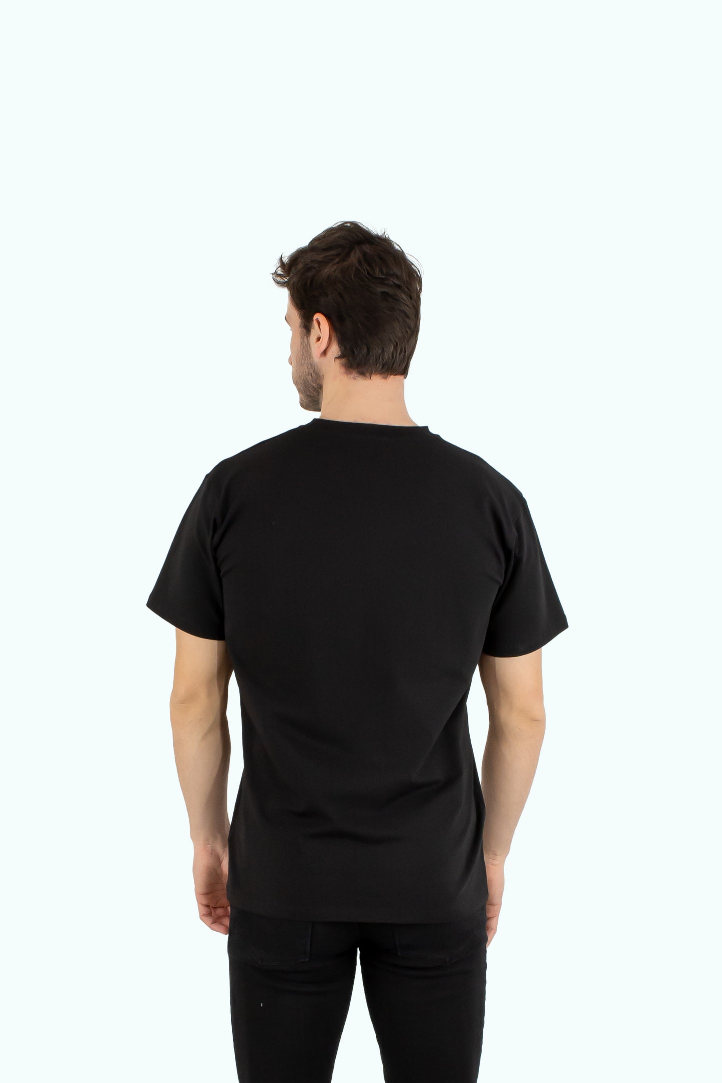 Men black cotton t-shirt with short sleeve and neck label