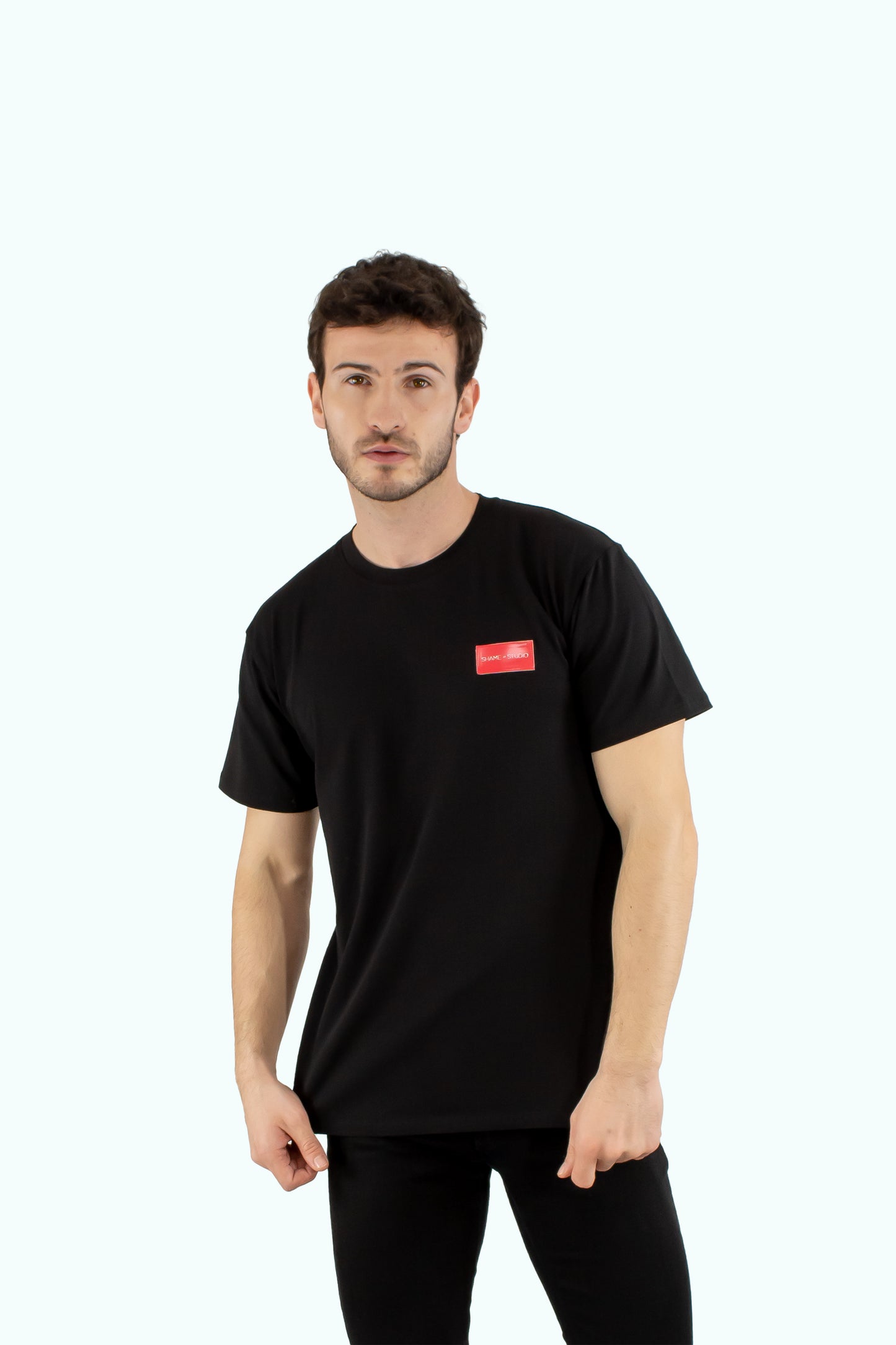 Men black cotton t-shirt with red logo badge