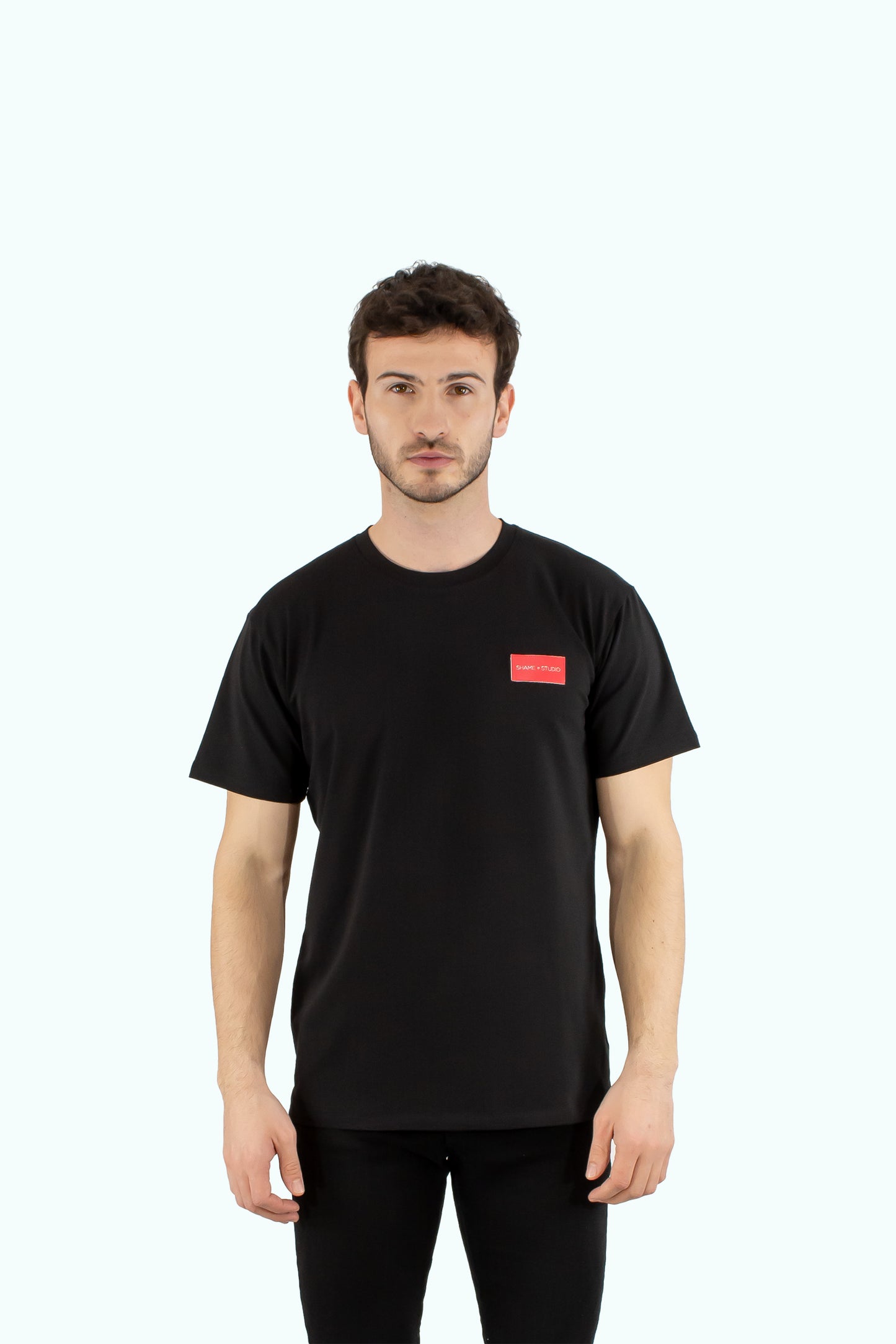 Men black cotton t-shirt with red logo badge