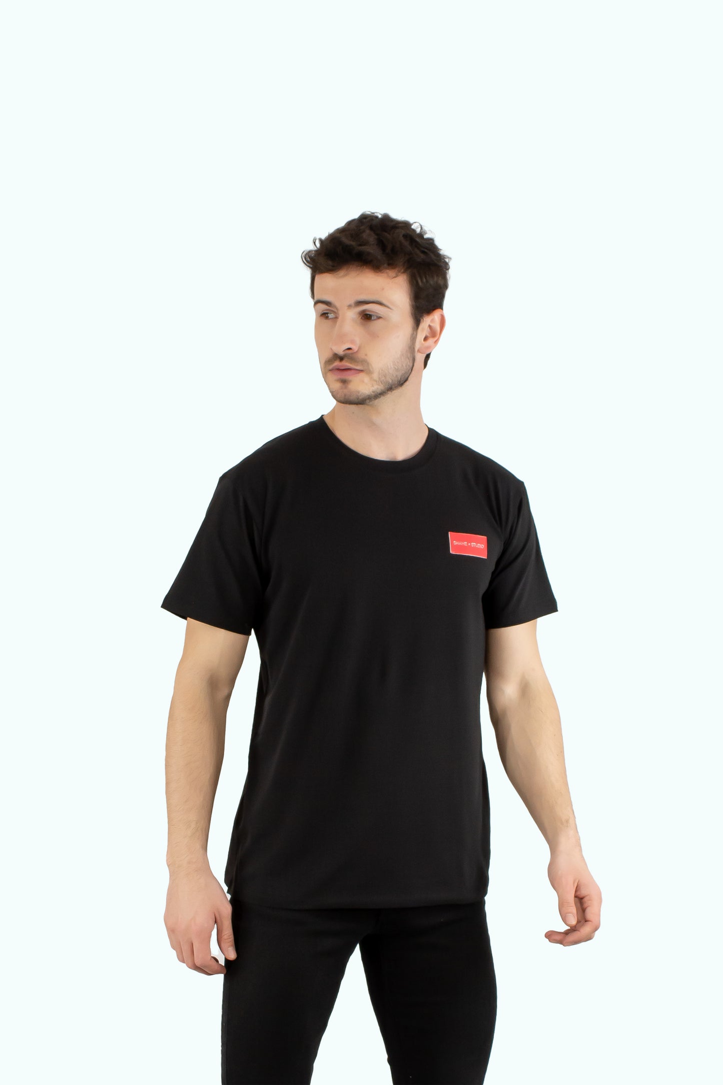 Men black cotton t-shirt with red logo badge