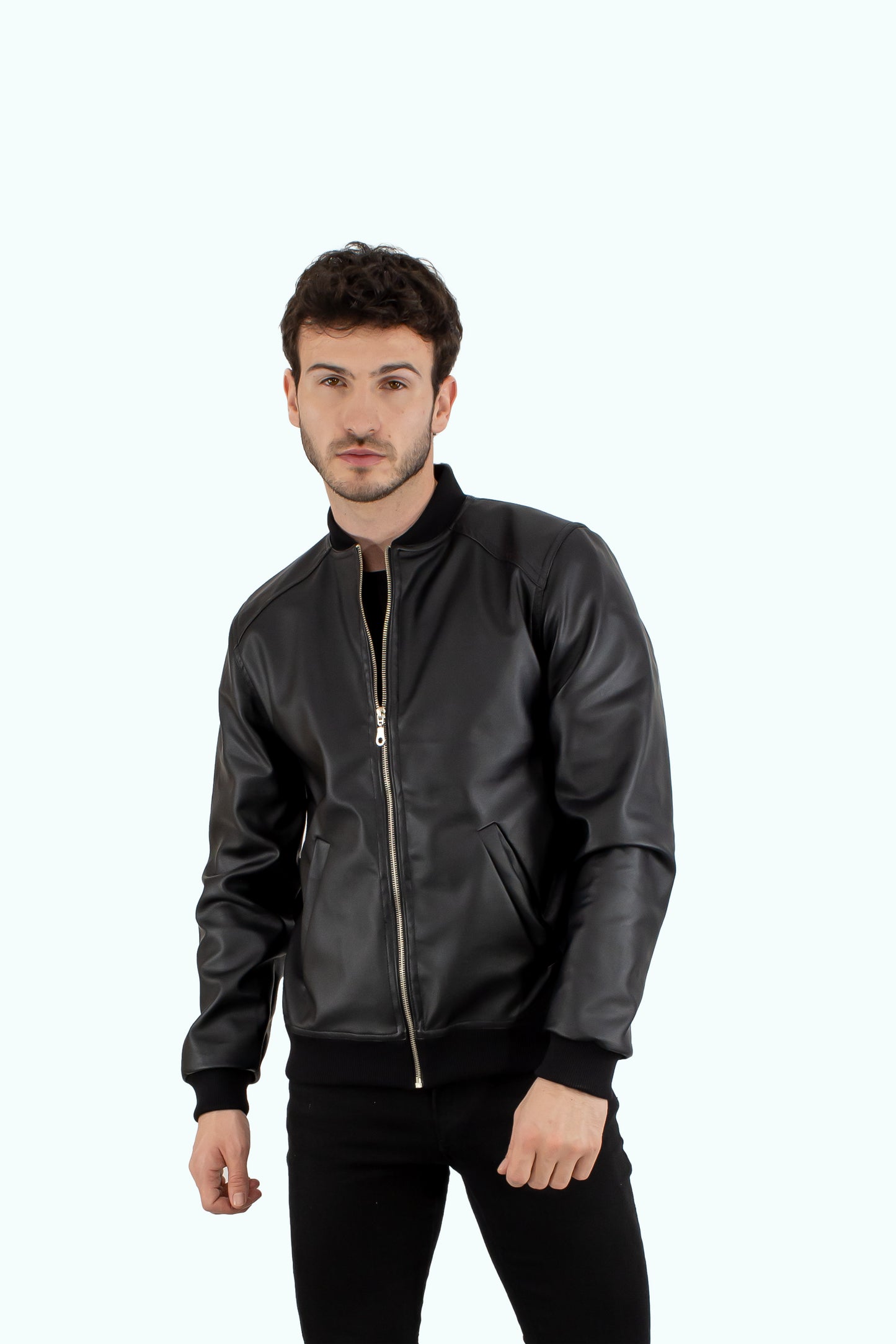 Men black leather bomber jacket