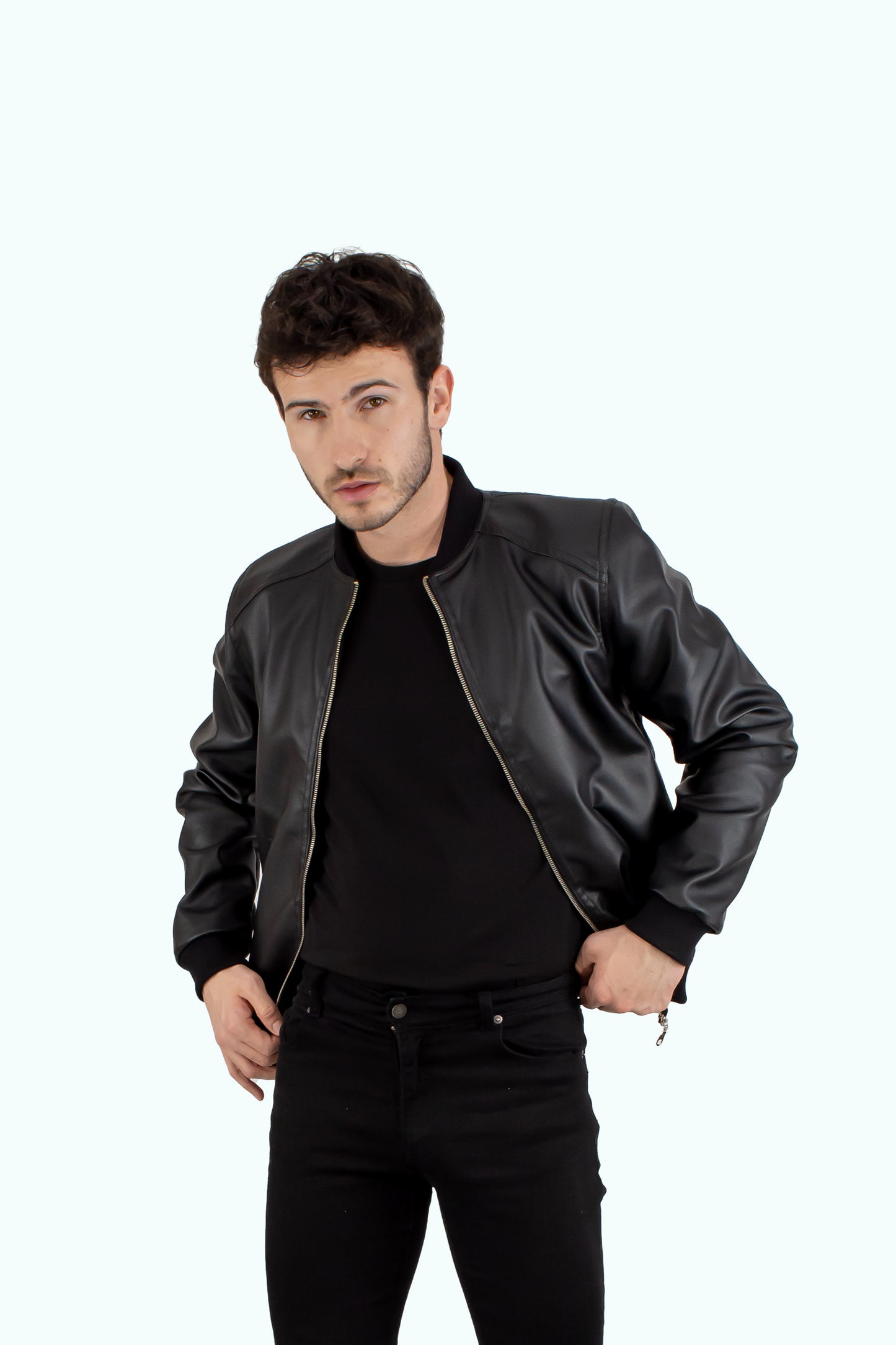 Men black leather bomber jacket