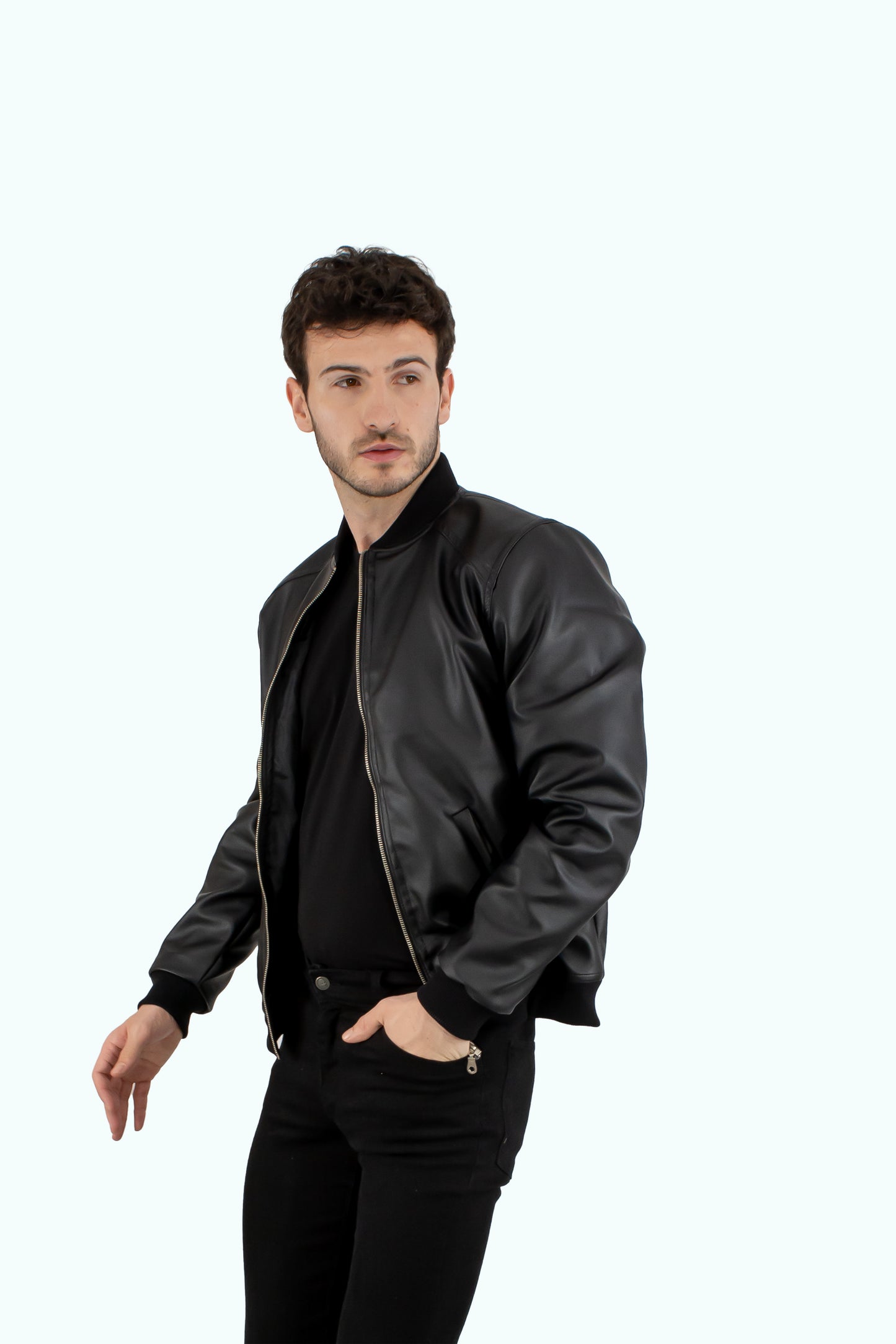 Men black leather bomber jacket