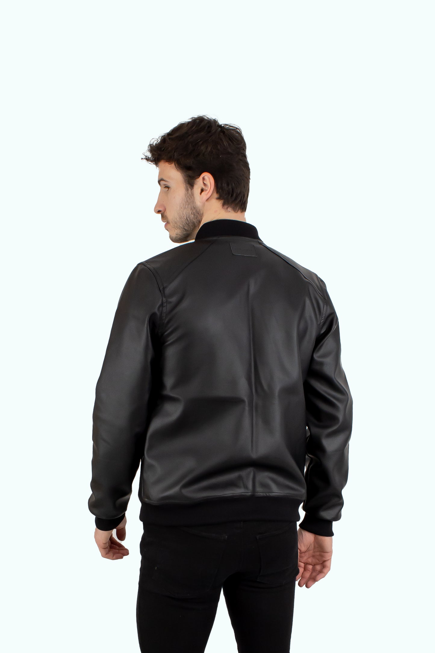 Men black leather bomber jacket