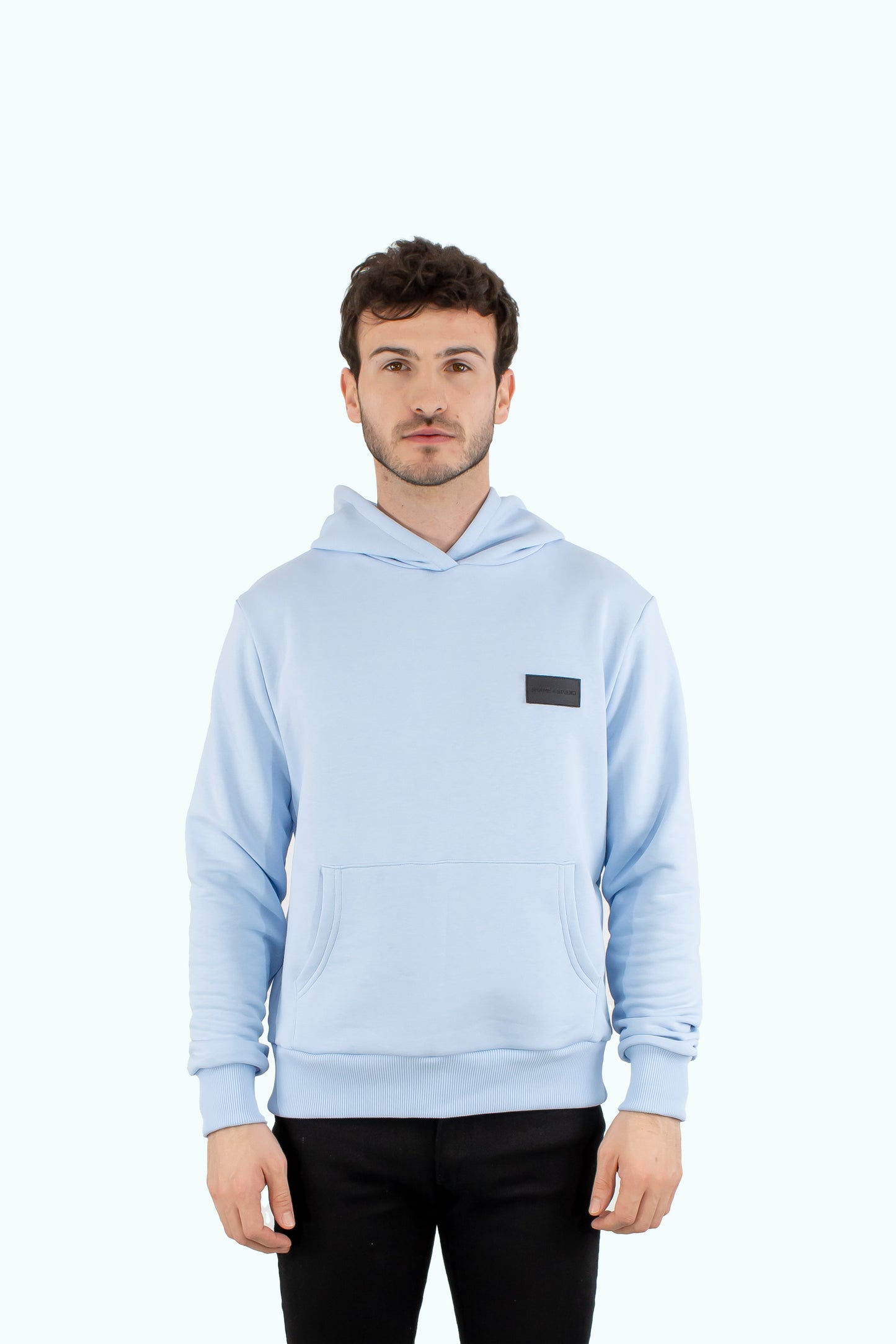 Men blue hoodie with black logo badge