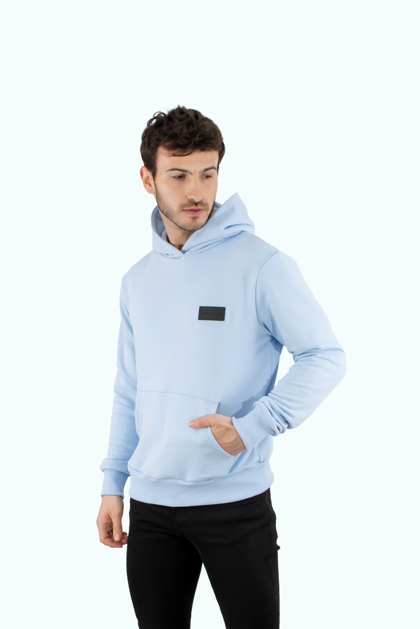 Men blue hoodie with black logo badge