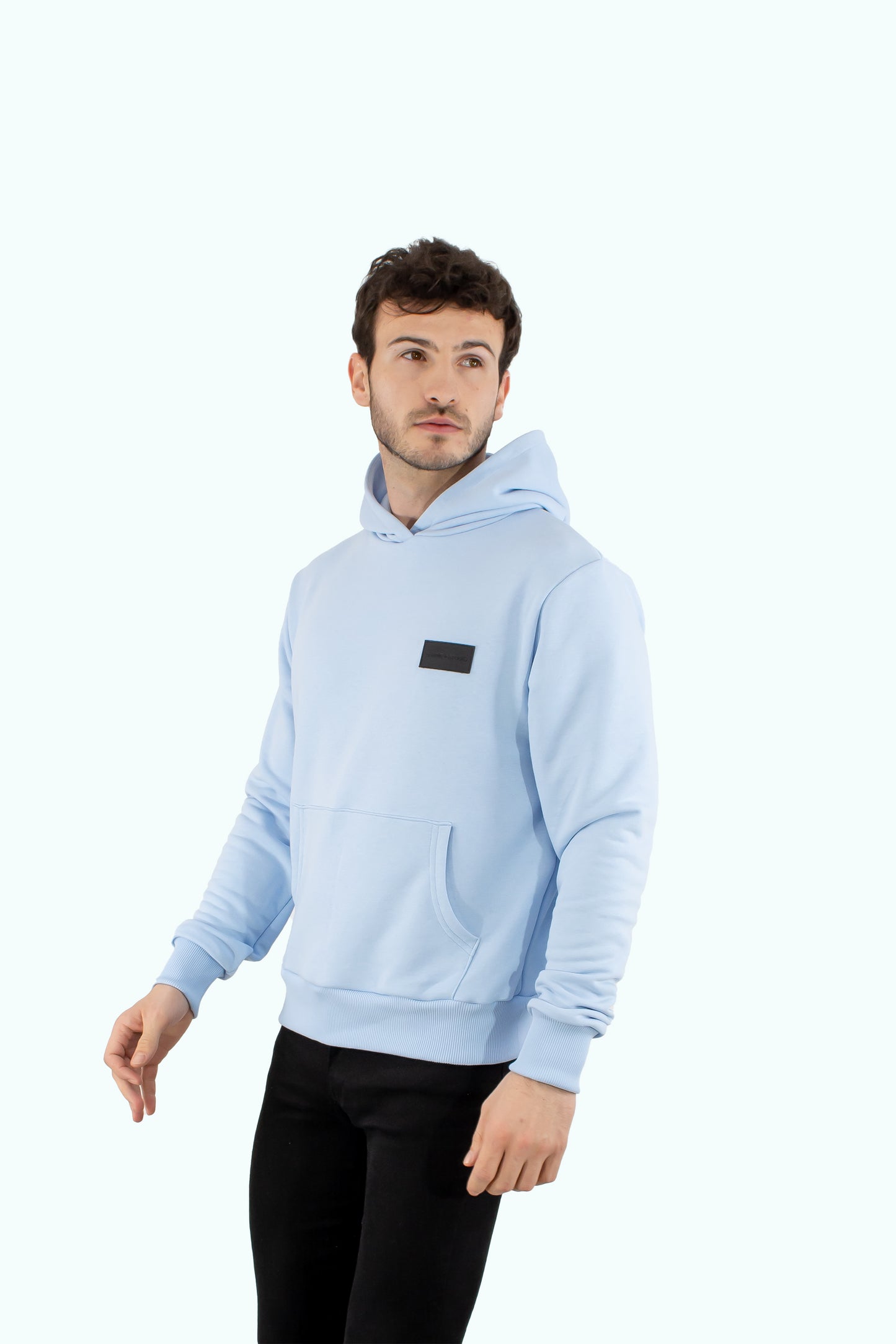 Men blue hoodie with black logo badge