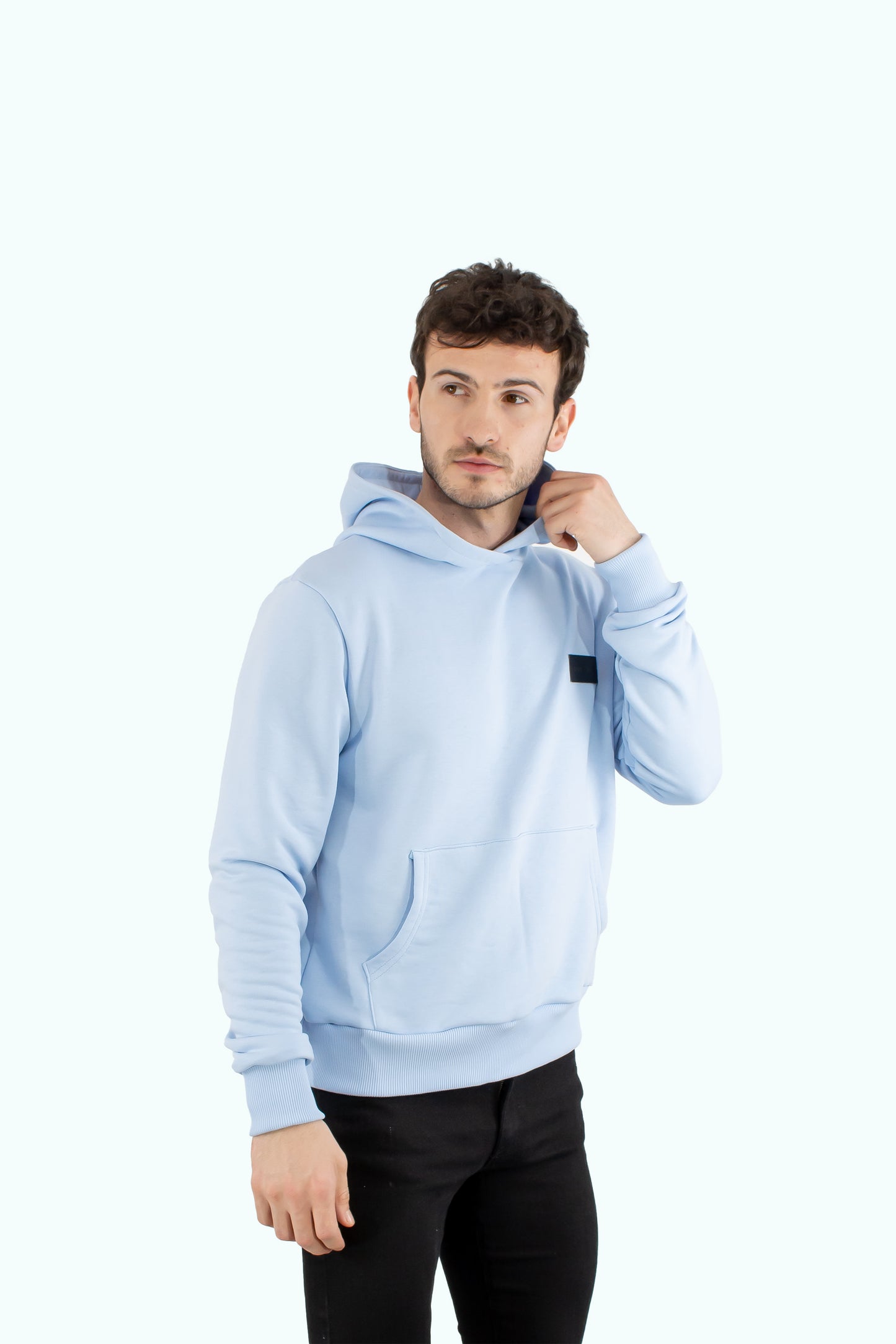 Men blue hoodie with black logo badge