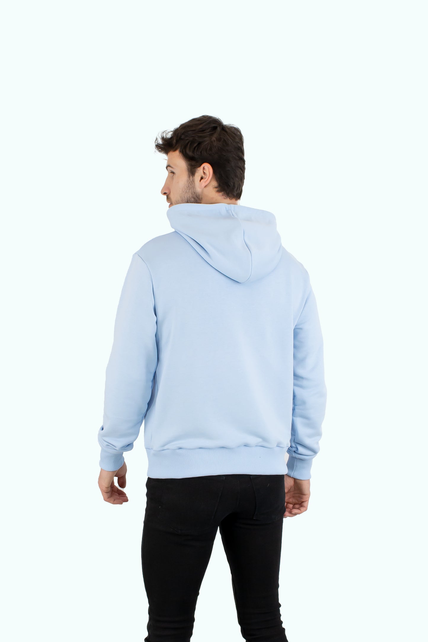 Men blue hoodie with black logo badge