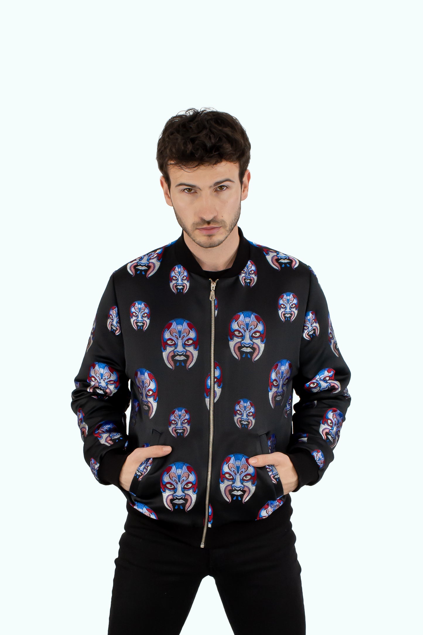 Men black bomber jacket with skulls