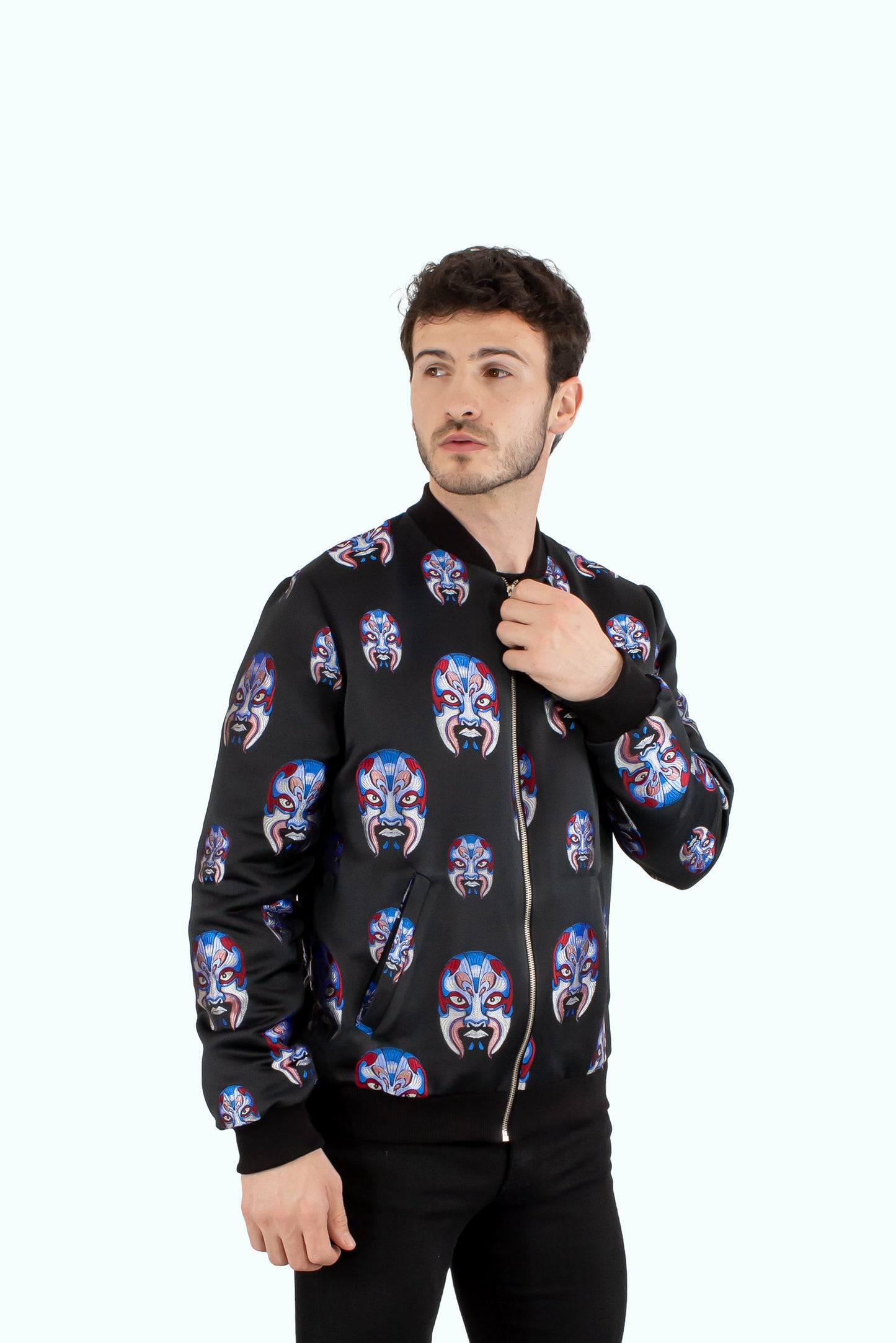 Men black bomber jacket with skulls