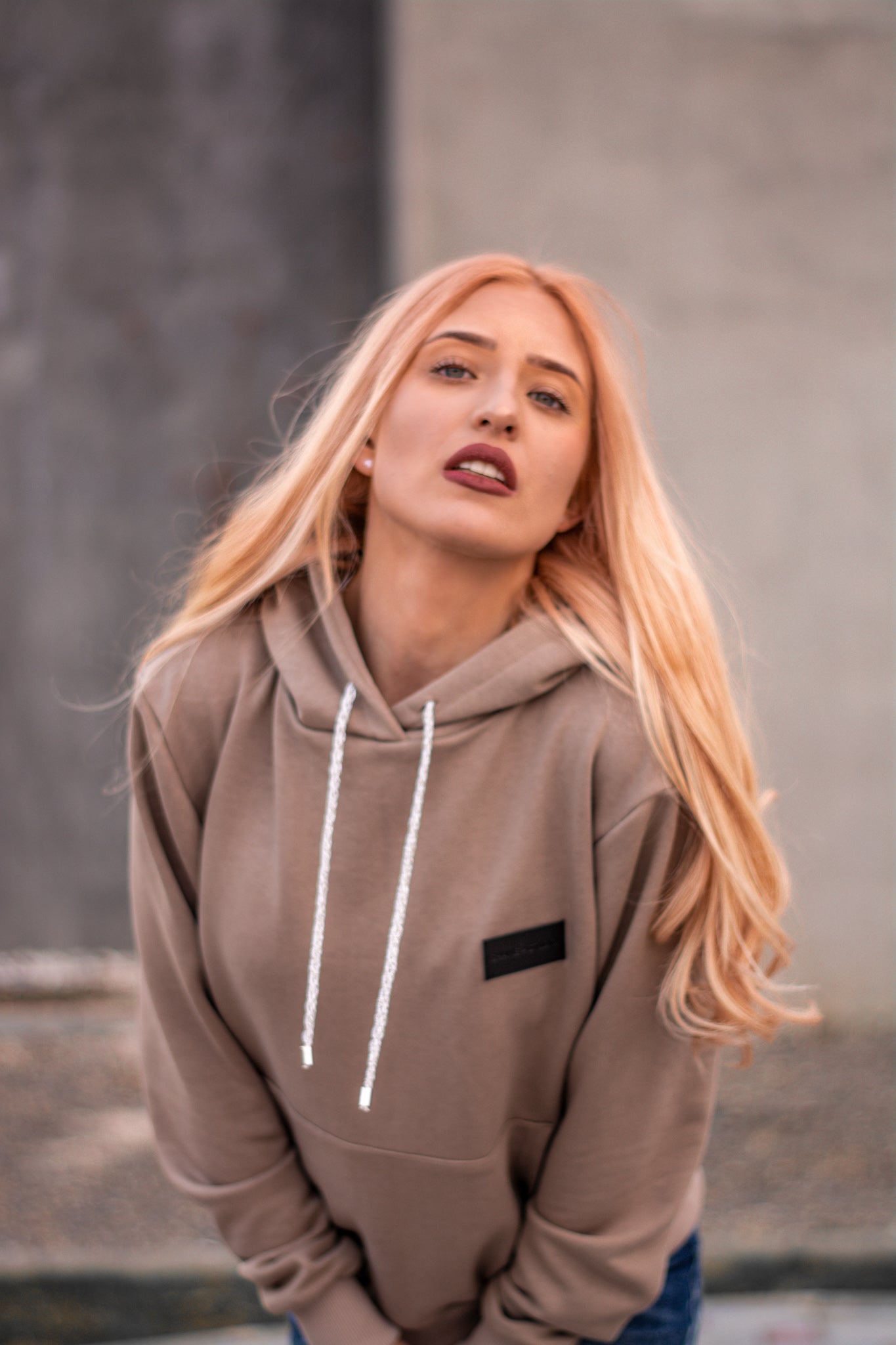 Women beige hoodie with logo badge