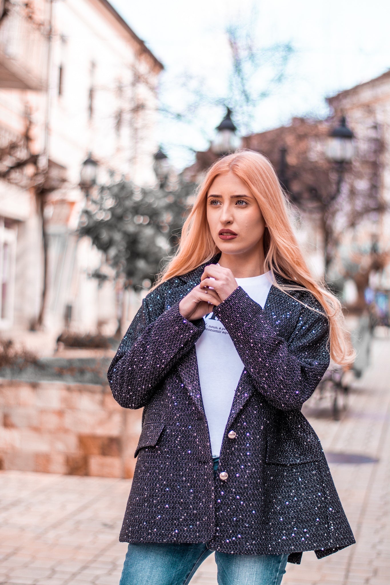 Blazer en tweed noir fin pour femme, coupe oversize