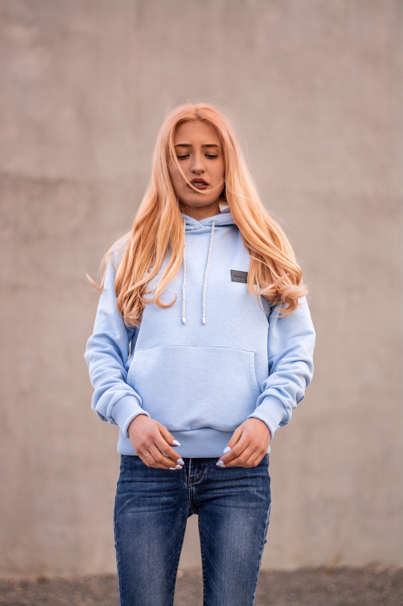 Women Baby Blue Hoodie with logo badge