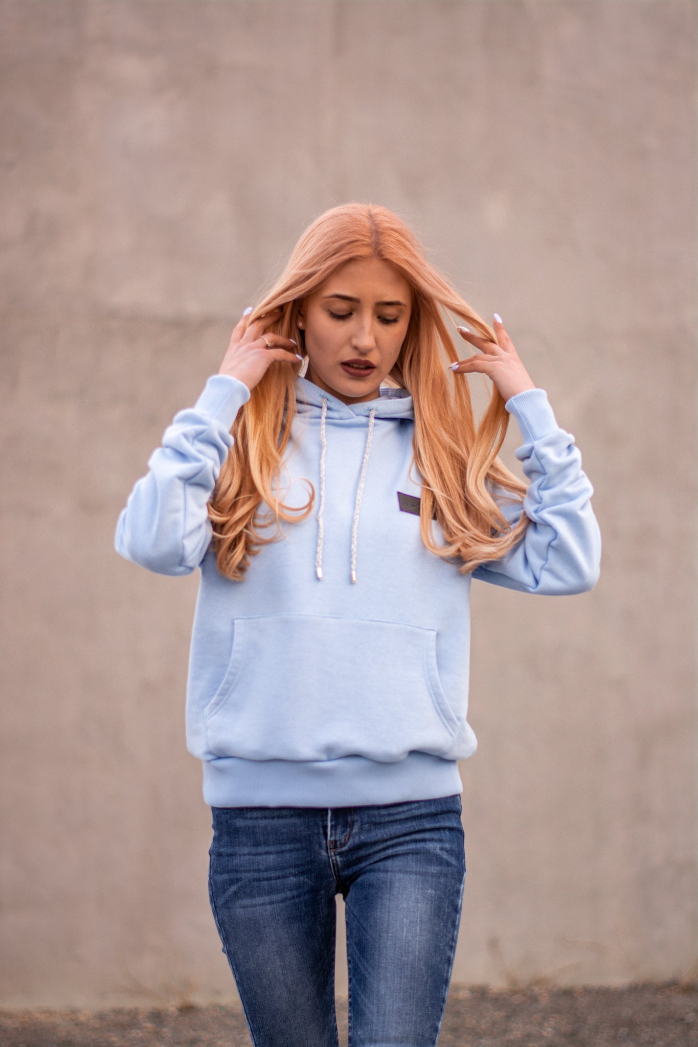 Women Baby Blue Hoodie with logo badge