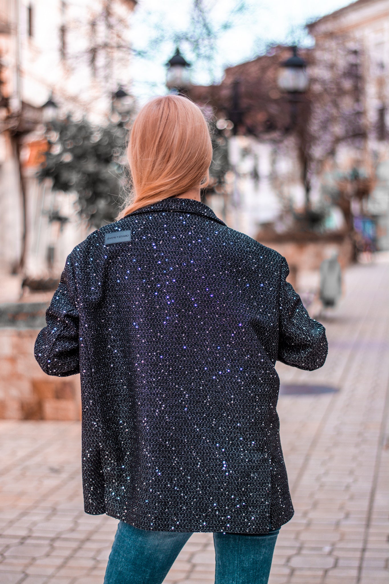 Blazer en tweed noir fin pour femme, coupe oversize